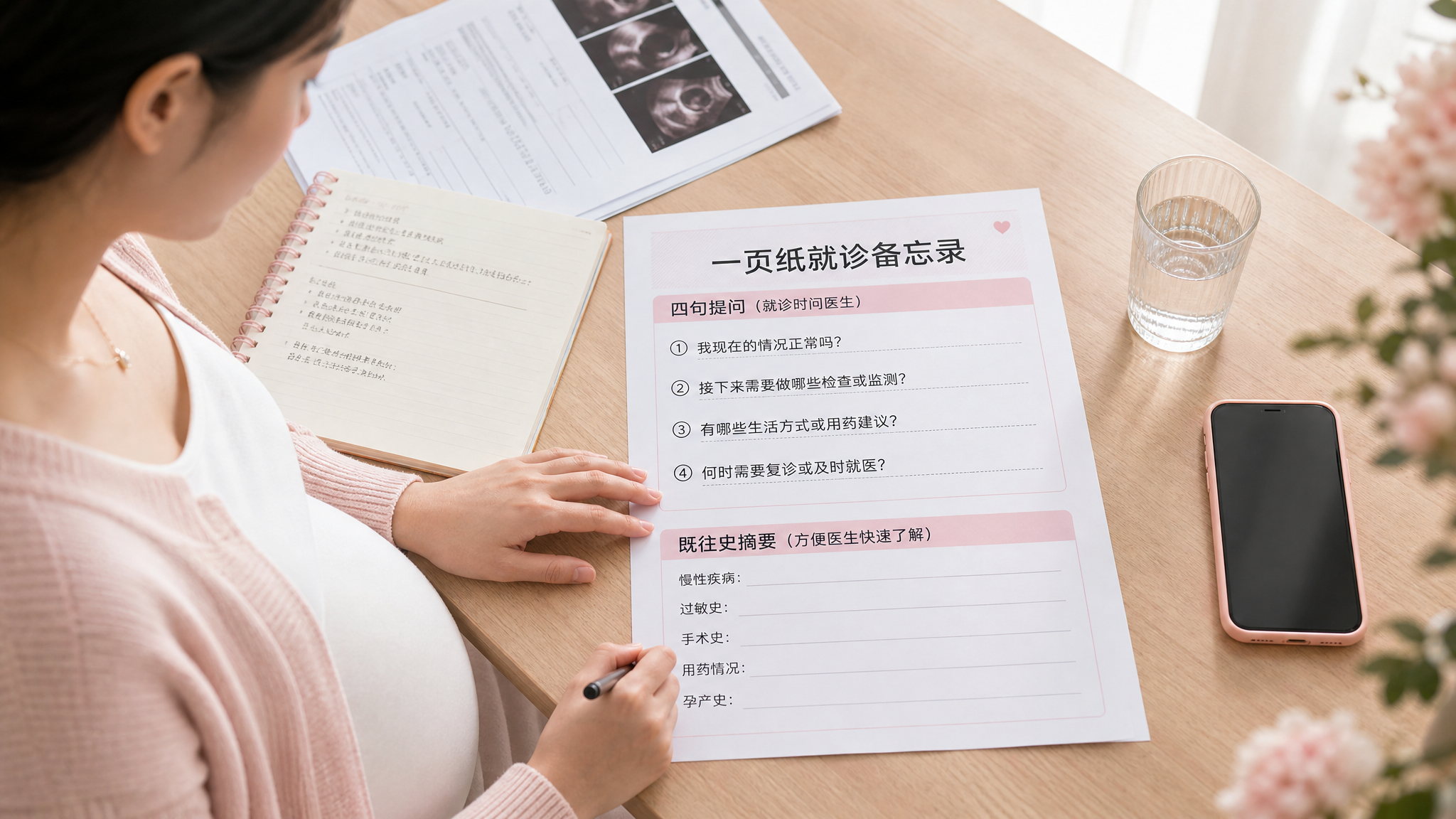 温柔治愈风长图海报，一位中国年轻孕妈坐在简洁明亮的家中餐桌前，面前摊开体检/产检报告单与笔记本，她用