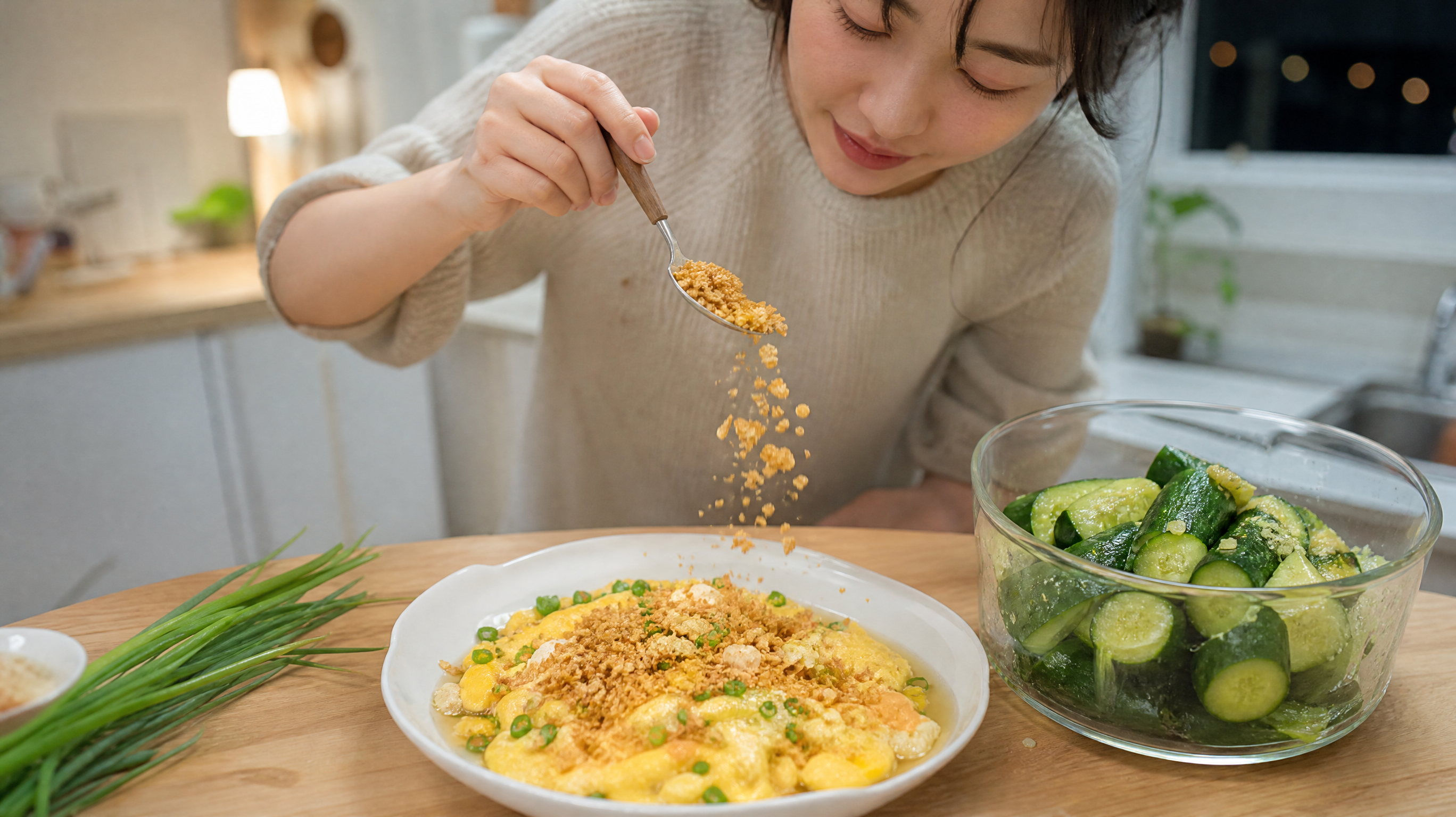 中国年轻女性下班回家，在小户型厨房台面前快速做一份治愈小菜，手正在把金黄蒜酥从小勺撒下，蒜酥像下雪一