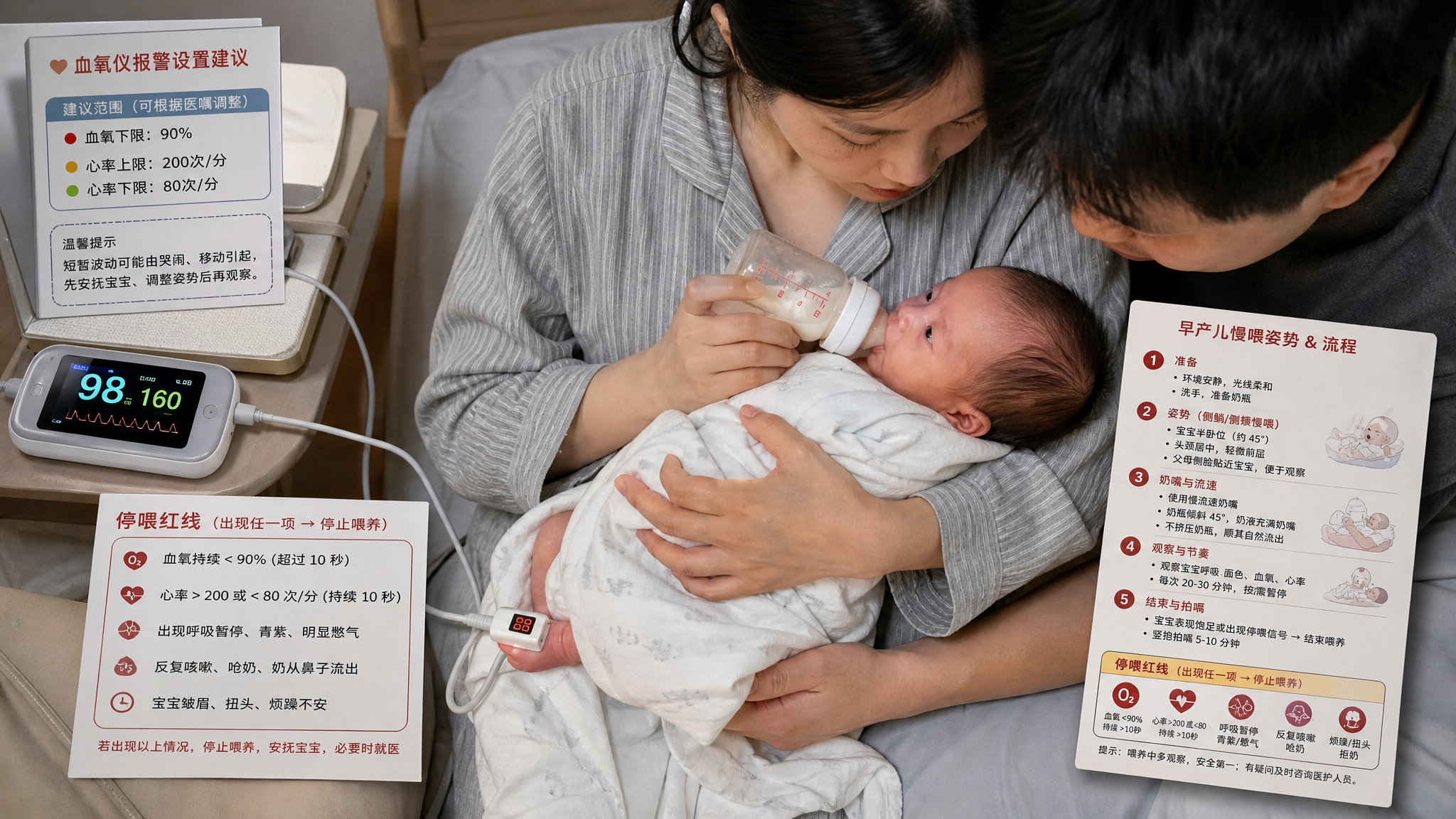 中国年轻父母在家中卧室夜间柔和灯光下照护一名中国早产儿进行瓶喂示范，宝宝采取约45度半卧位，父母用侧
