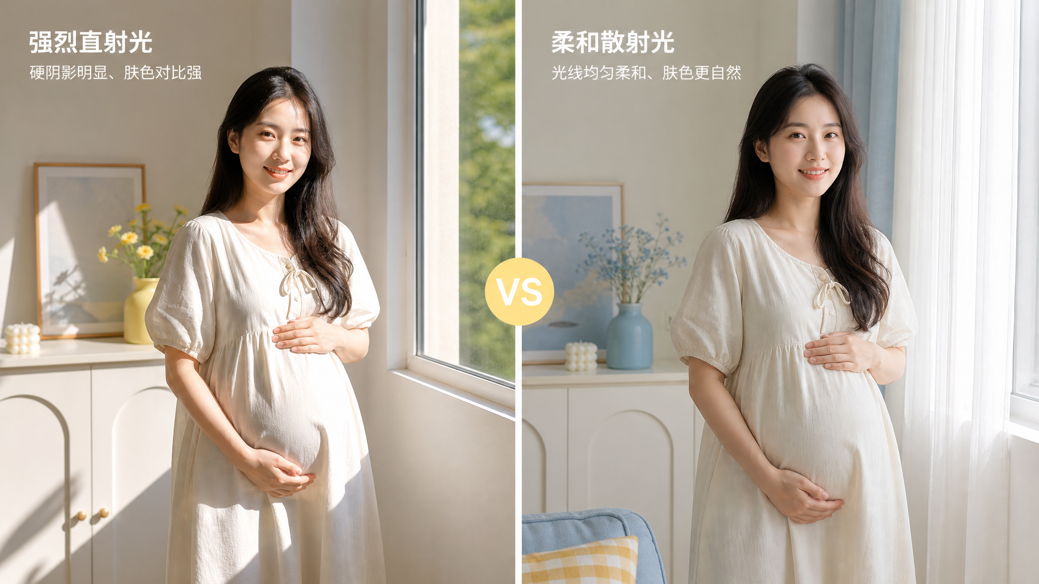 中国孕妈在夏日室内窗边拍照的对比场景,同一位中国年轻孕妇,穿浅色宽松孕妇连衣裙,画面左侧为强烈直射阳