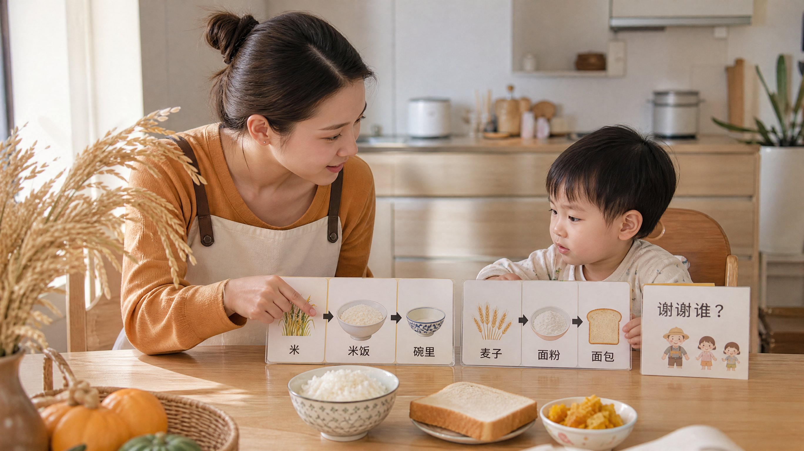 中国年轻妈妈与1-3岁中国幼儿坐在家庭餐桌旁，桌上有一碗白米饭、一片面包和一小碗南瓜饭，妈妈用手指向