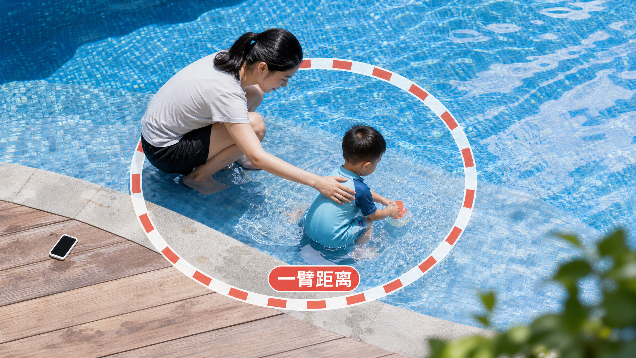 俯拍视角的泳池边安全教育场景，中国年轻爸爸或妈妈蹲在泳池浅水区边缘，右手始终触碰到中国1-3岁幼儿的