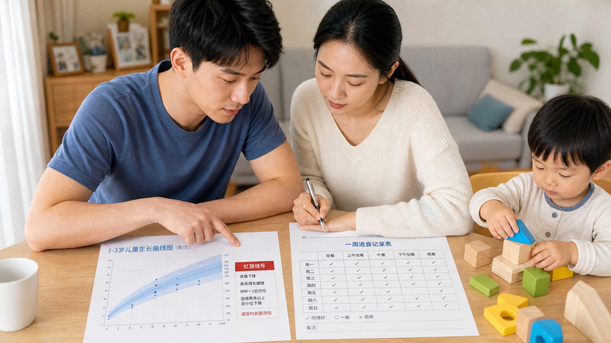 中国年轻父母在家中餐桌旁查看儿童生长曲线和一周进食记录表，中国1-3岁幼儿坐在旁边玩积木，桌面上有简