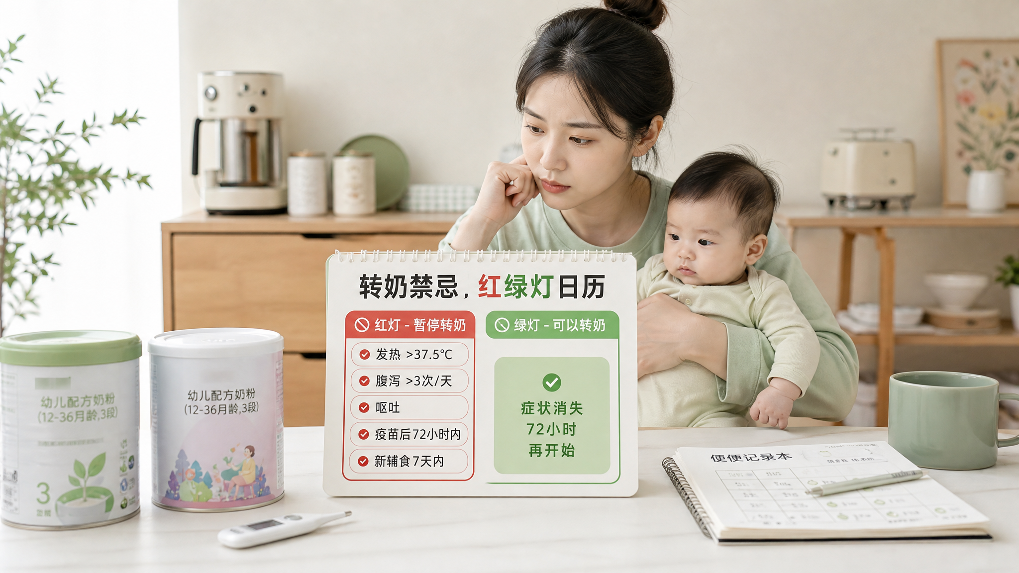 中国年轻妈妈在家中厨房/餐边柜旁抱着中国婴儿，桌面放着两罐奶粉与温度计、便便记录本，画面中心是一张“