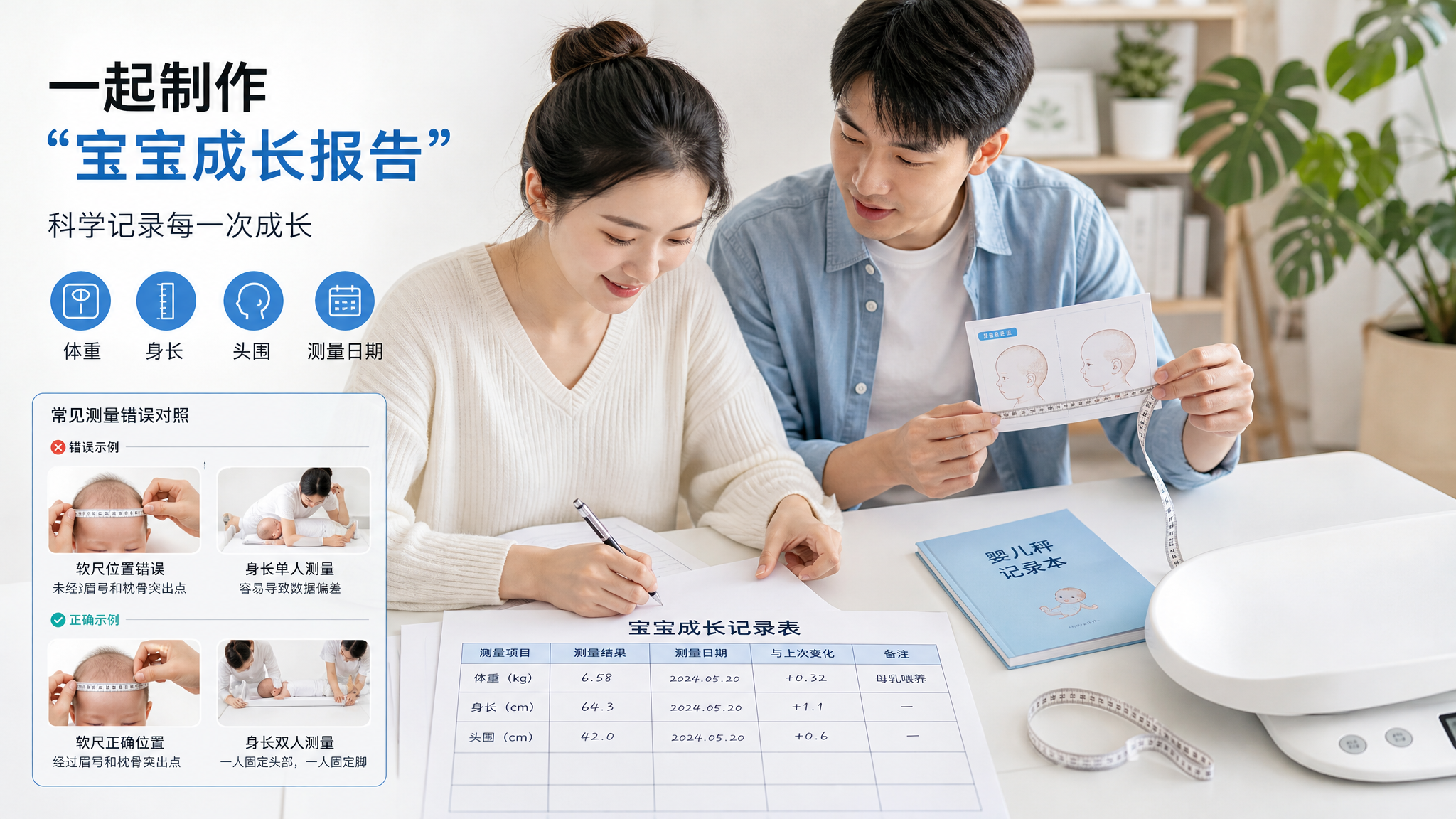 明亮整洁的家庭环境中，一位中国年轻妈妈和中国年轻爸爸一起在餐桌前制作“宝宝成长报告”，桌上放着打印好