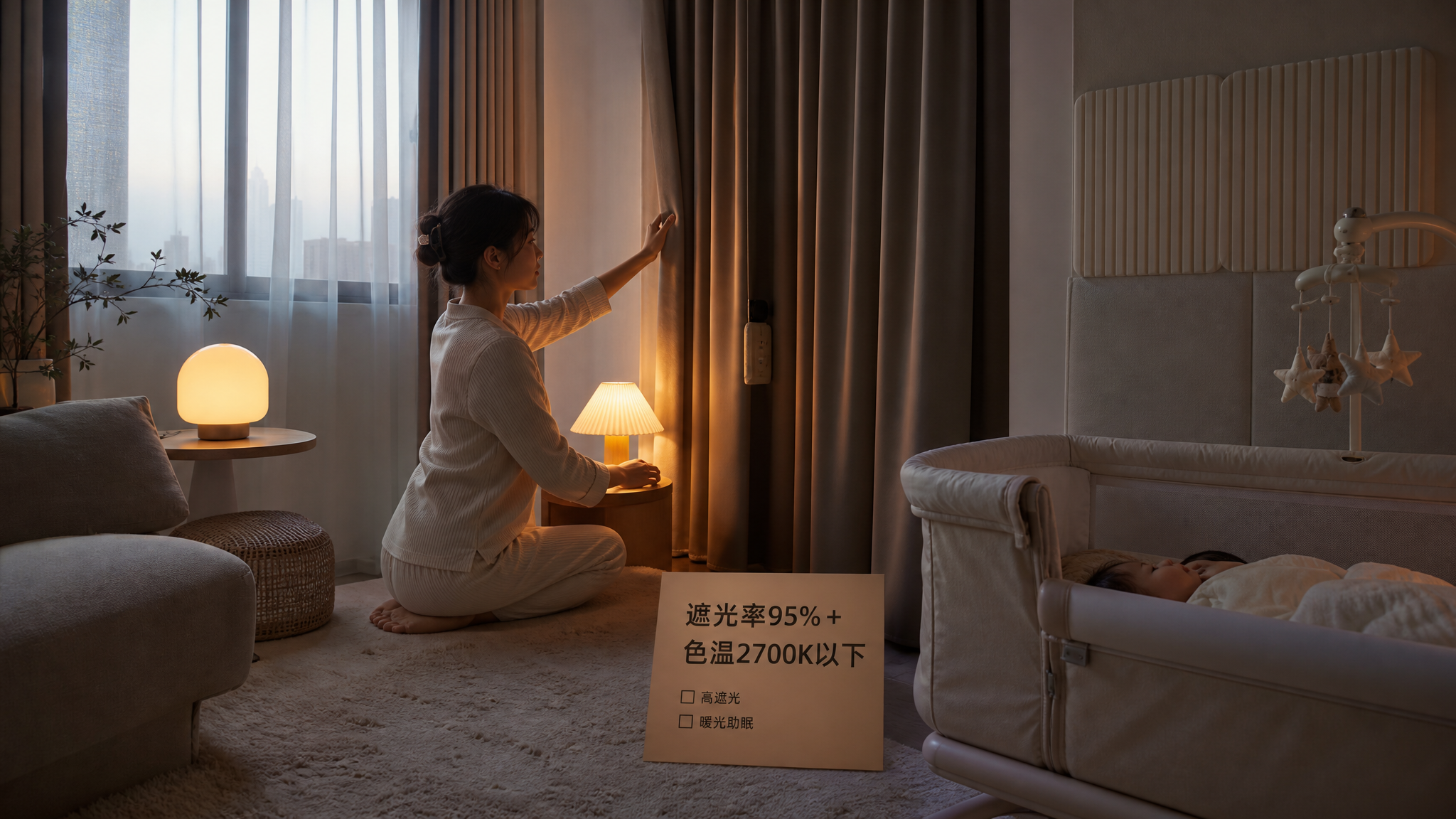 中国年轻产后妈妈在家庭客厅布置“暗光补觉舱”，妈妈穿舒适家居服，轻轻拉上高遮光率窗帘并调整暖色小夜灯