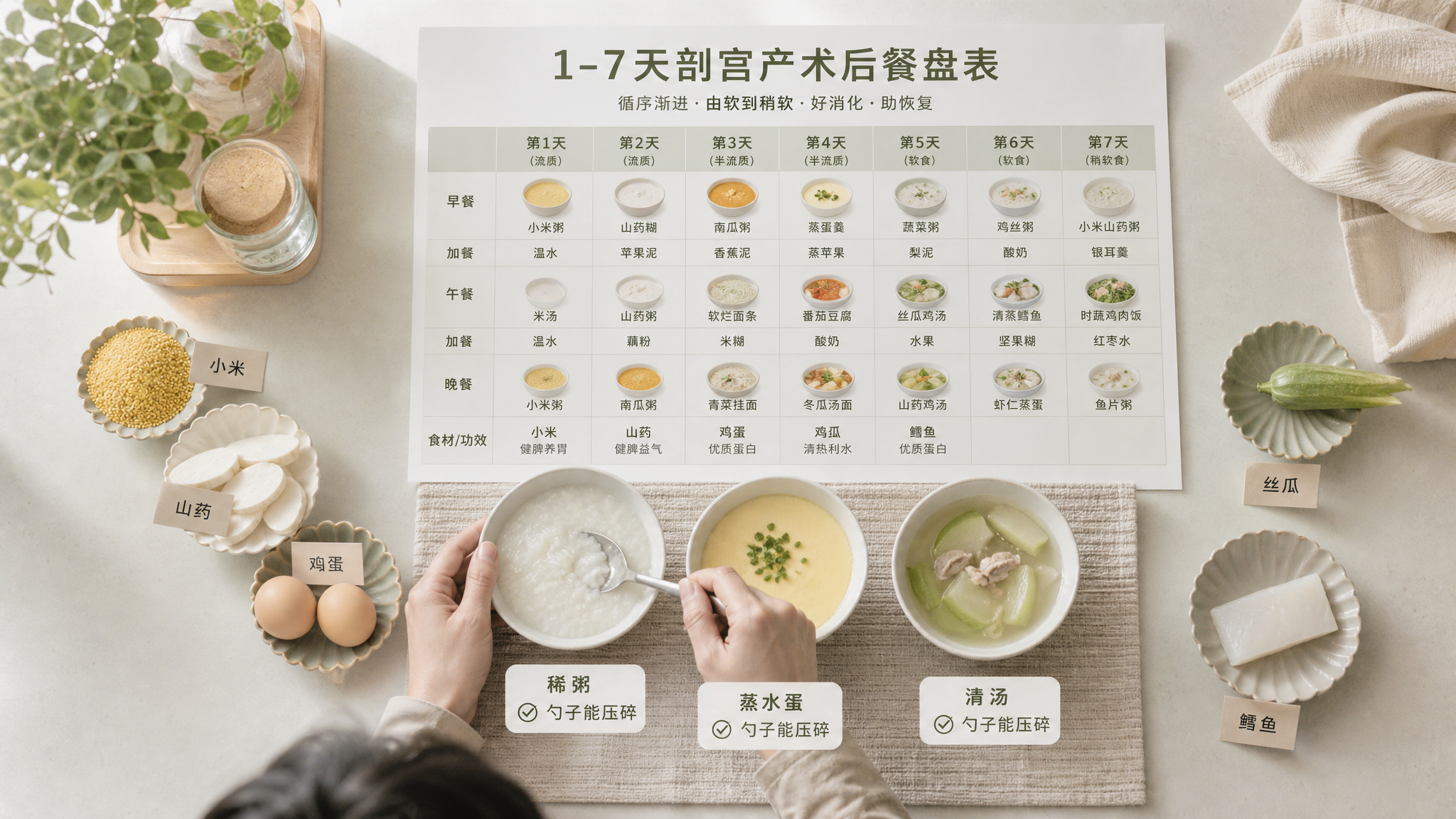 剖宫产术后1–7天怎么吃不胀气 逐日软温餐盘照抄