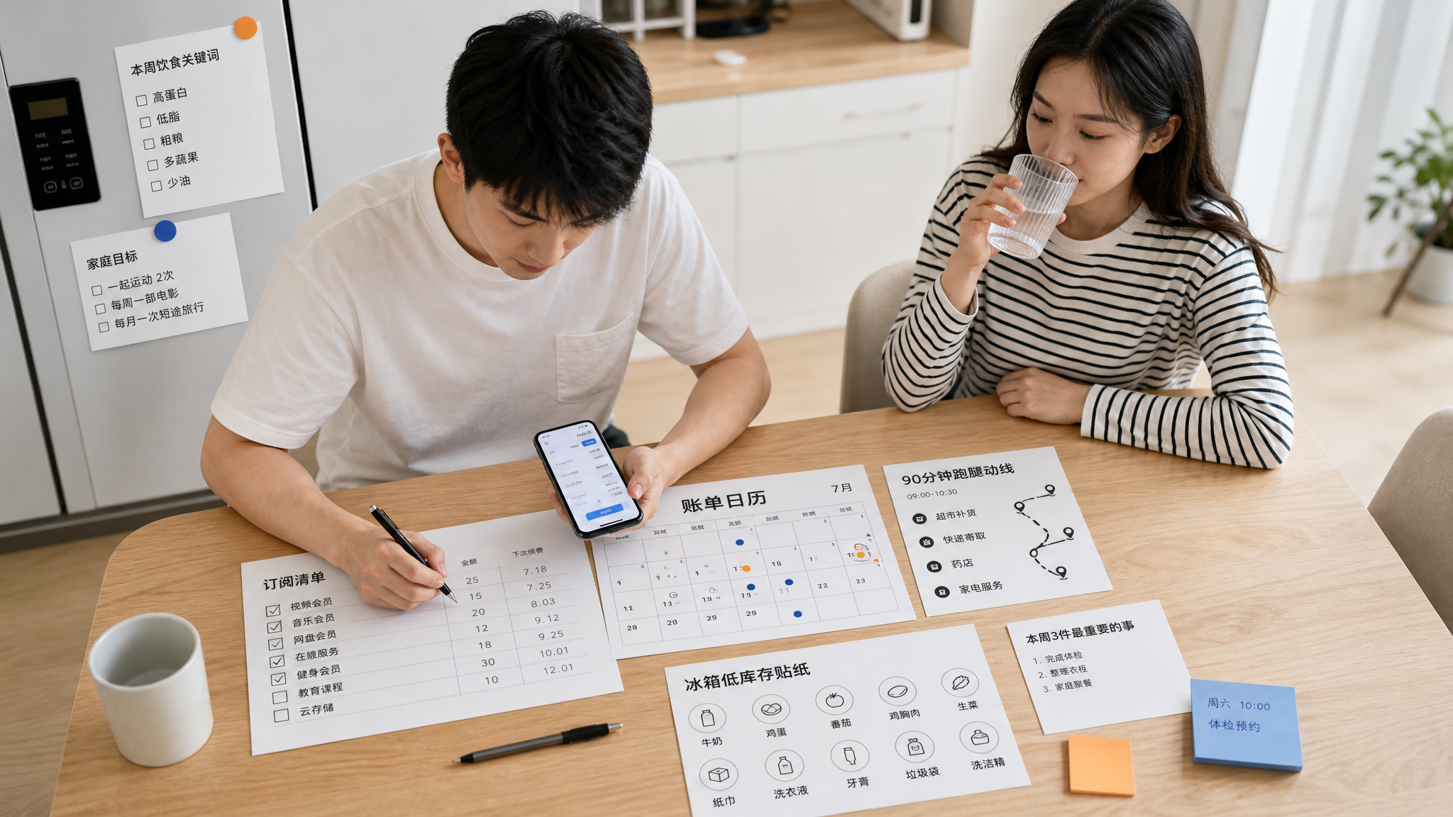 中国年轻爸爸和中国年轻妈妈在家中餐桌前一起整理家庭运营清单，桌面有黑白极简风打印模板：订阅清单、账单