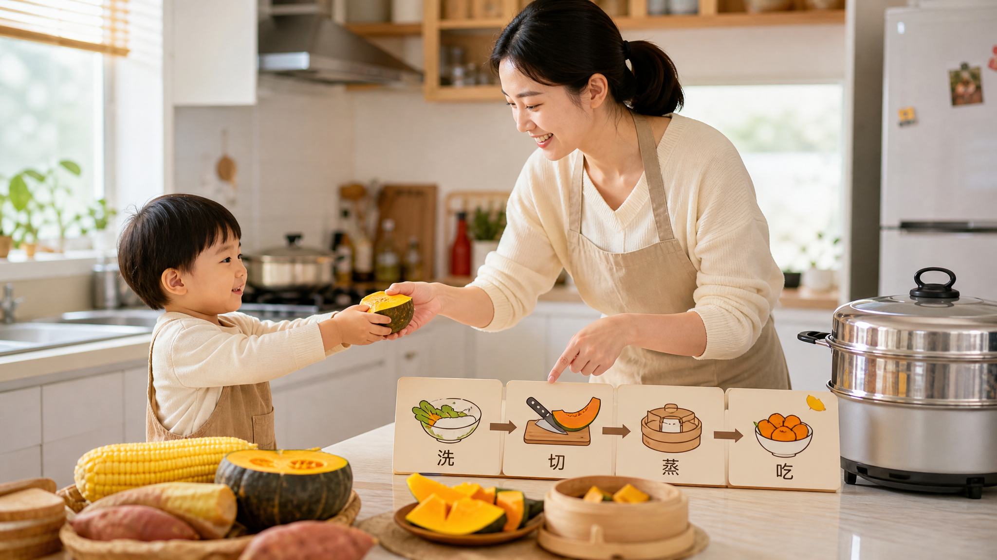 中国年轻妈妈在明亮整洁的家庭厨房备餐，中国2-3岁幼儿站在安全位置（远离灶台与刀具的一侧台面旁），孩