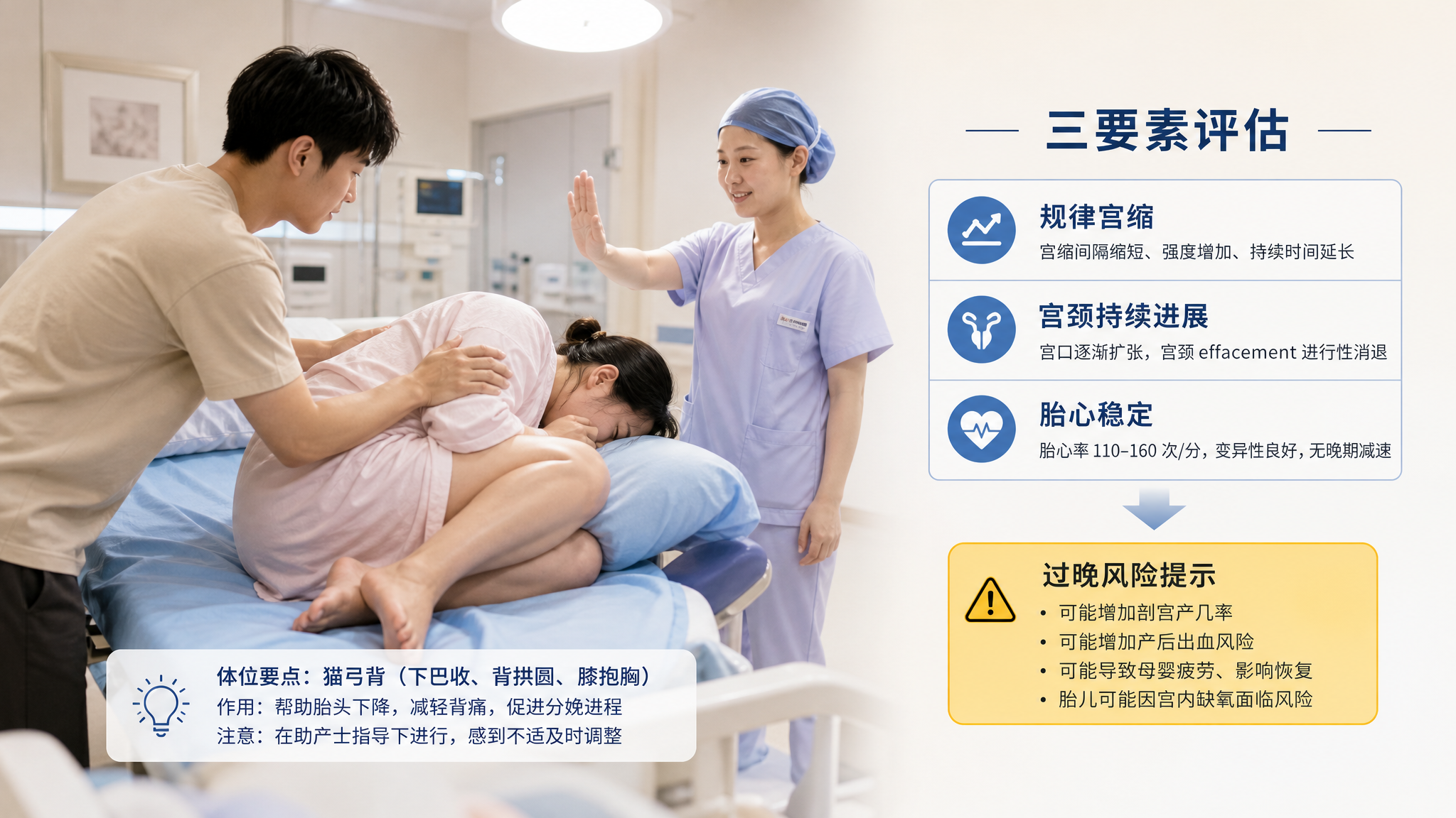 产房场景,中国孕妇在产床上侧卧呈“猫弓背”姿势(下巴收、背拱圆、膝抱胸),旁边中国年轻准爸爸扶住肩膀
