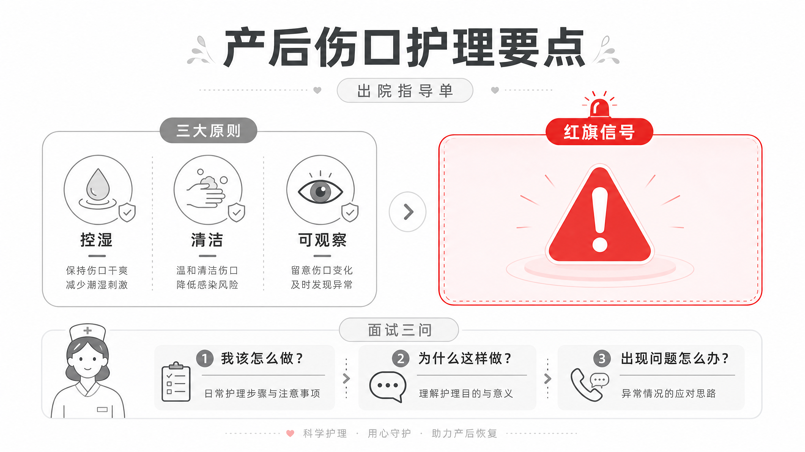医疗风极简信息图风格画面，白色干净背景，画面中心是一张“产后伤口护理要点”出院指导单视觉设计，左侧用