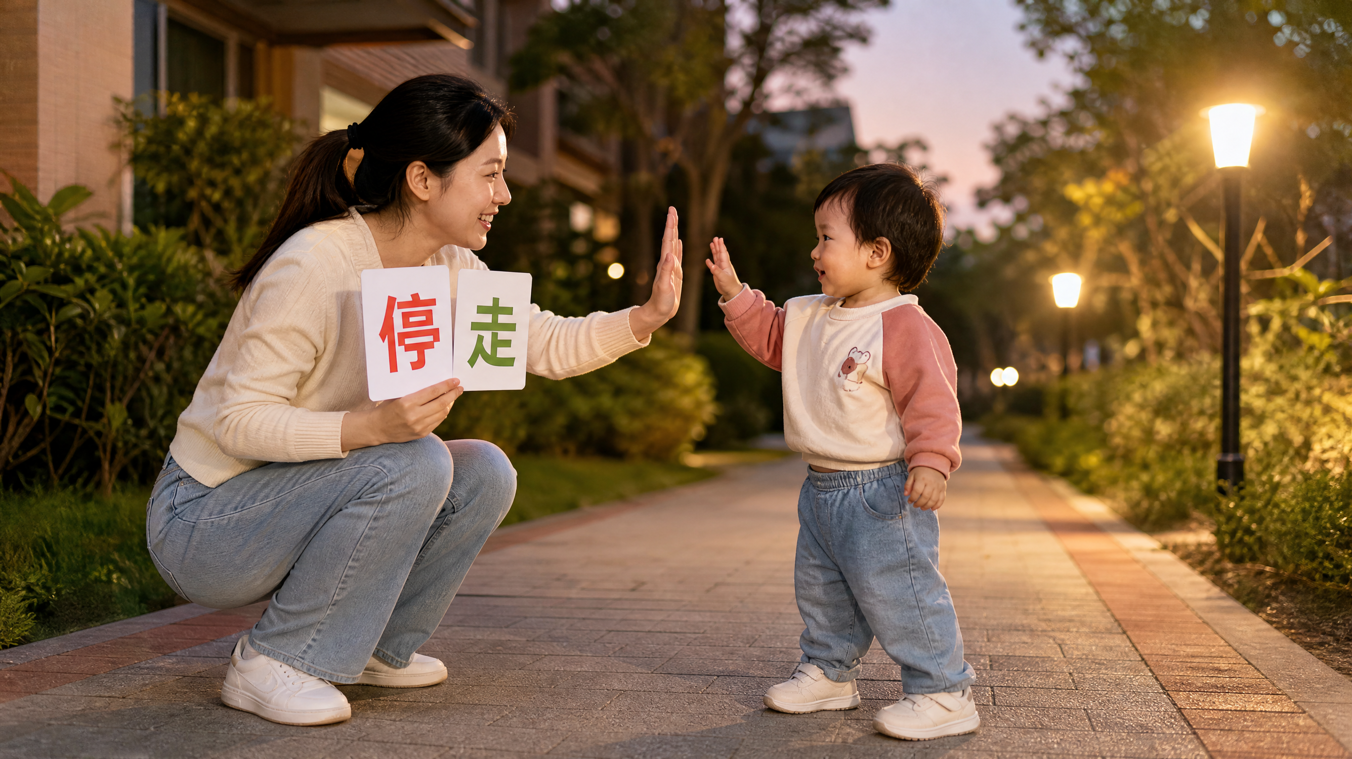 傍晚社区小路场景，中国年轻妈妈在户外陪1-2岁中国幼儿玩“停/走”游戏，妈妈蹲下与孩子平视，手里举着