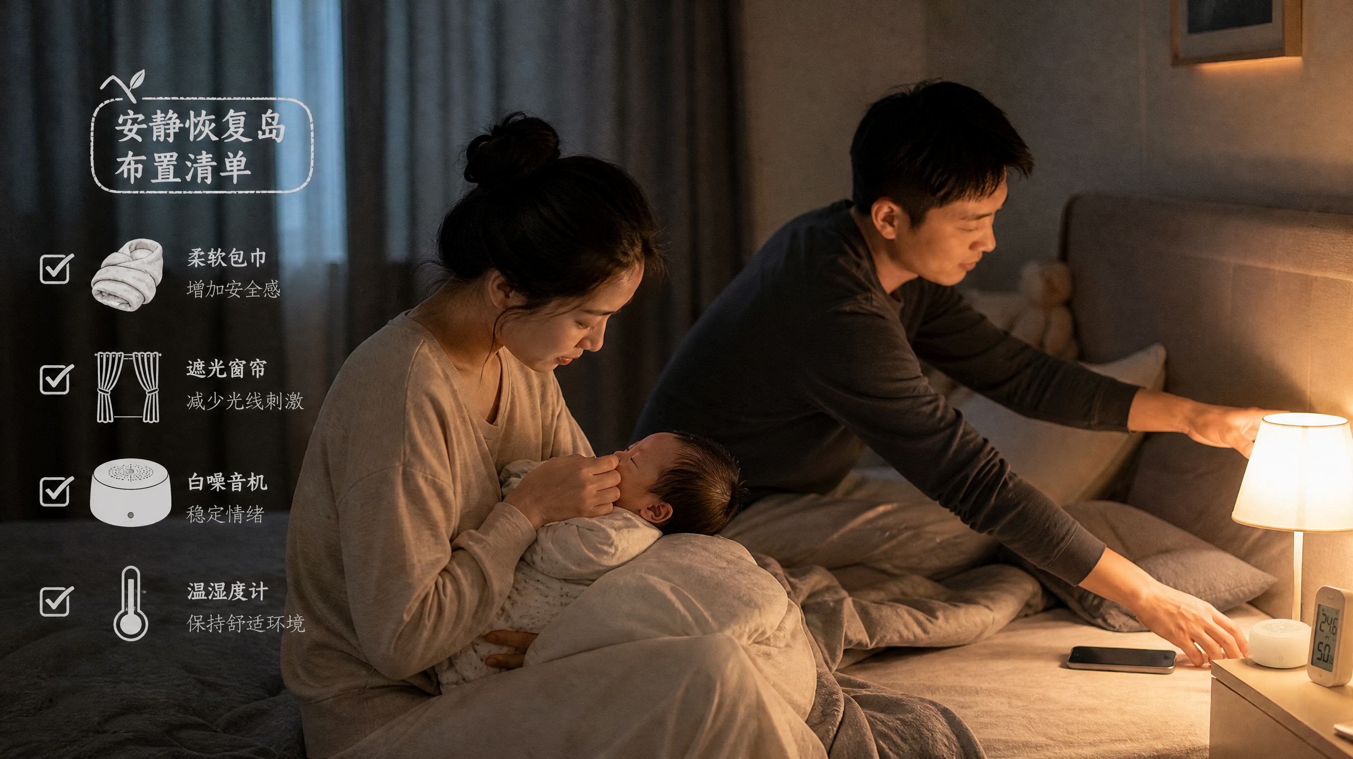 中国年轻父母在卧室一角搭建“安静恢复岛”，妈妈坐在床边进行肌肤接触式安抚，轻声对中国新生儿说话，爸爸