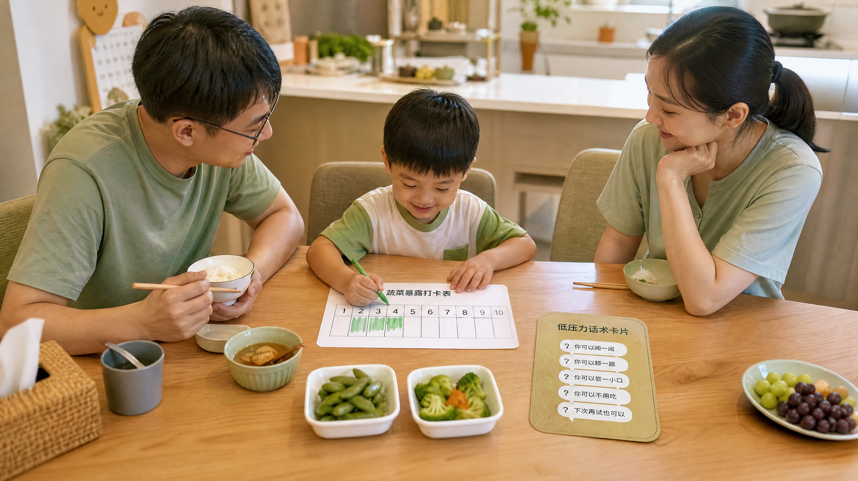 中国年轻父母与一名中国3-6岁幼儿在家中餐桌前用餐，桌上有两种蔬菜小份量作为“常驻嘉宾”，旁边放着一