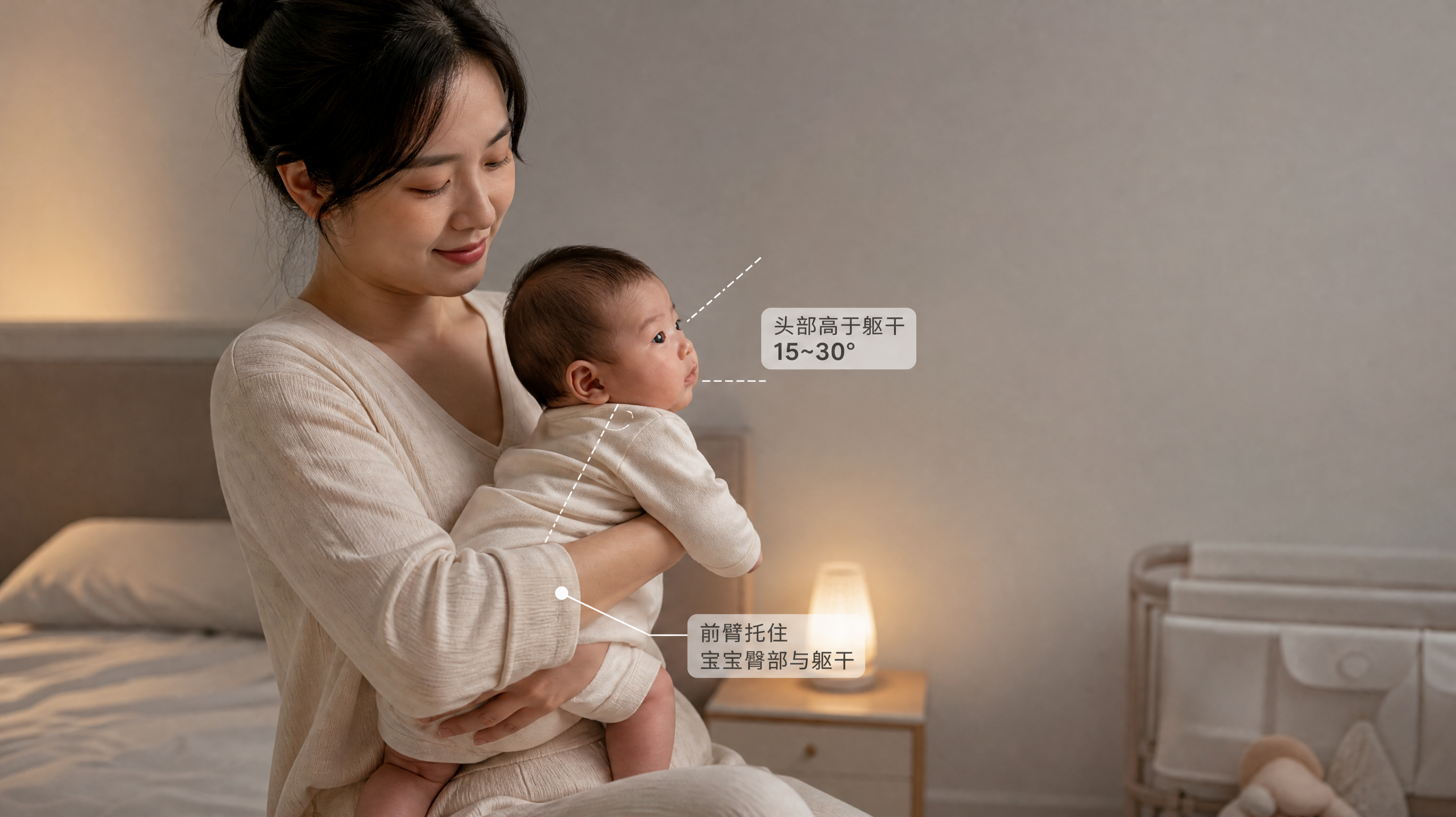 中国年轻妈妈在卧室夜间柔和小夜灯环境中，抱着中国新生儿/小月龄婴儿进行喂后拍嗝示范，宝宝上半身保持1