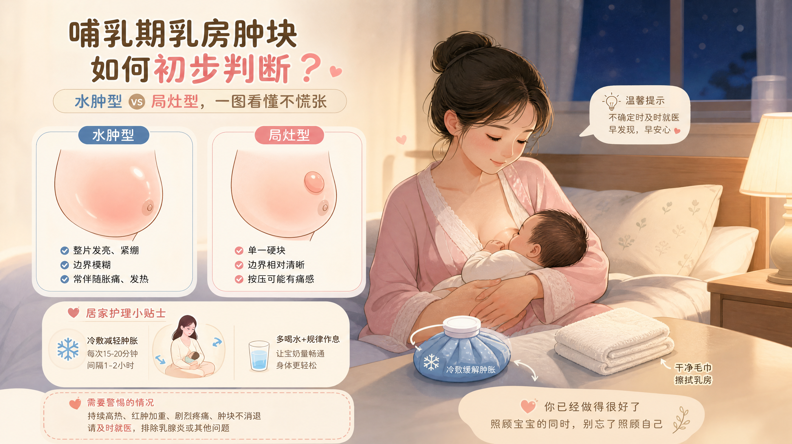 一张面向新手妈妈的科普插画海报，场景为温馨卧室夜间床头，年轻中国妈妈坐在床上抱着中国新生儿准备哺乳，