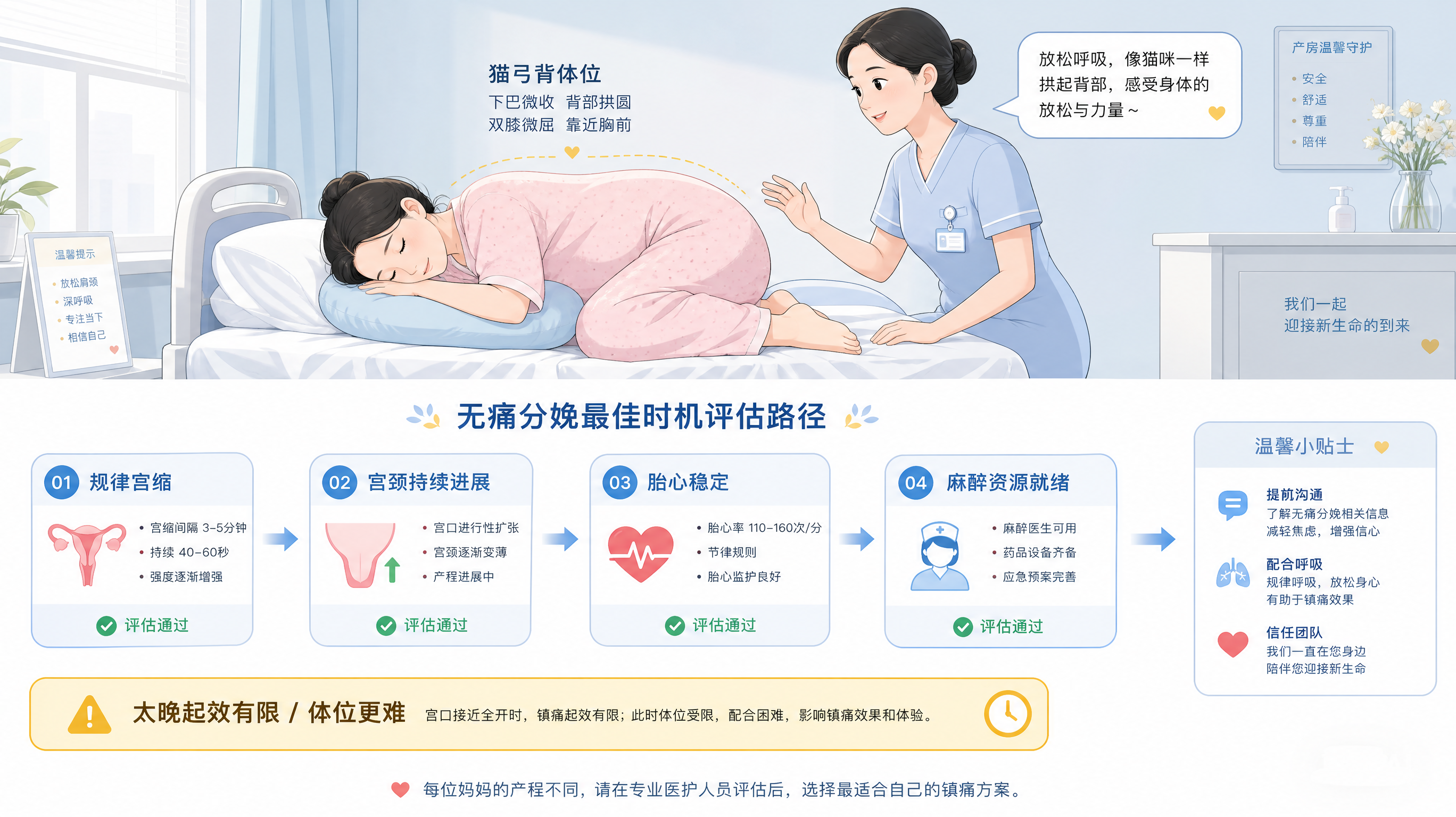 竖版信息插画,医院产房场景,中国孕妇在病床旁侧卧摆出“猫弓背”动作(下巴微收、背部拱圆、双膝微屈靠近
