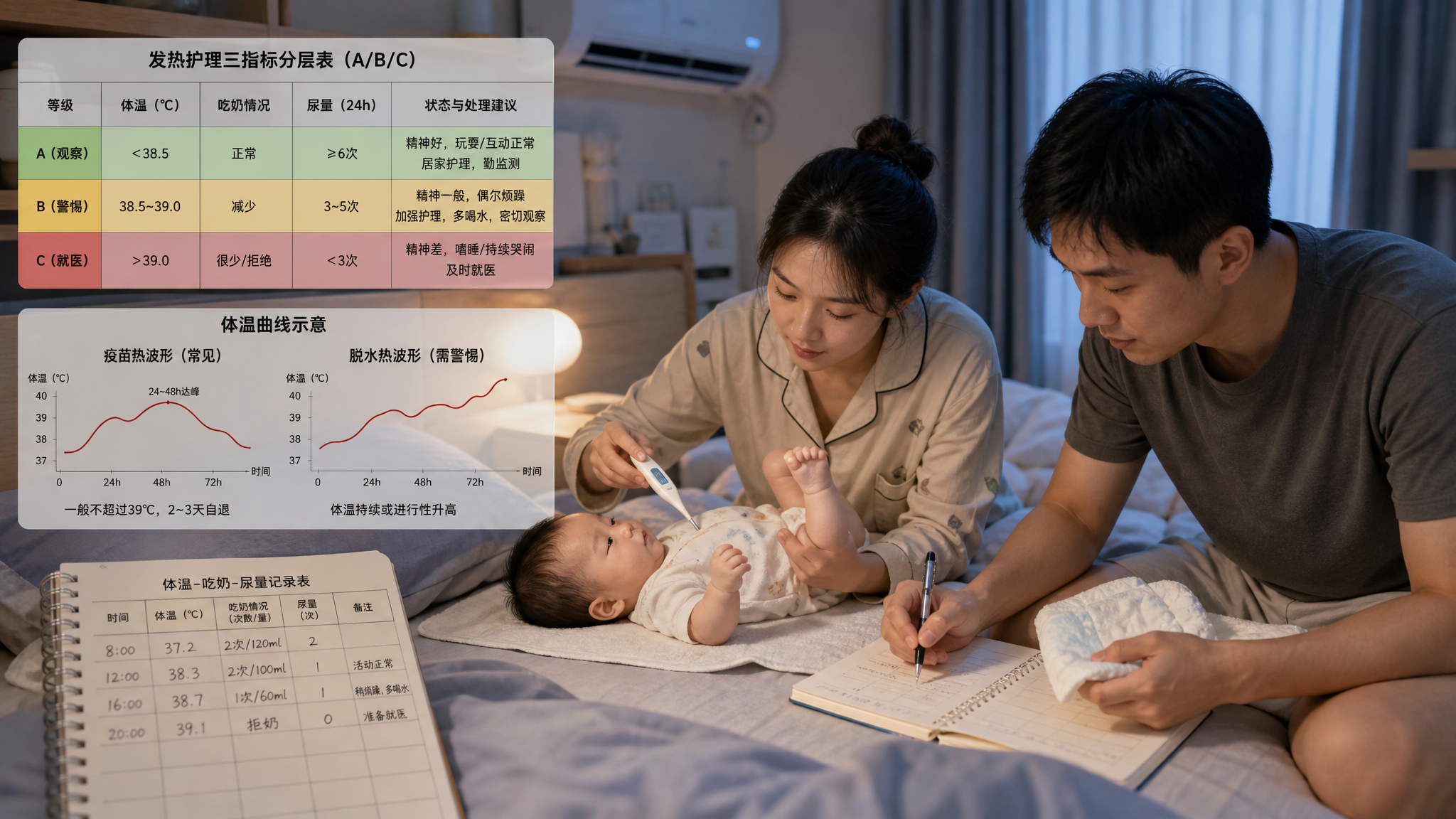 中国年轻父母在夜晚家中卧室照看中国婴幼儿，妈妈拿着电子体温计记录体温，爸爸在旁边查看尿布并在纸上做“