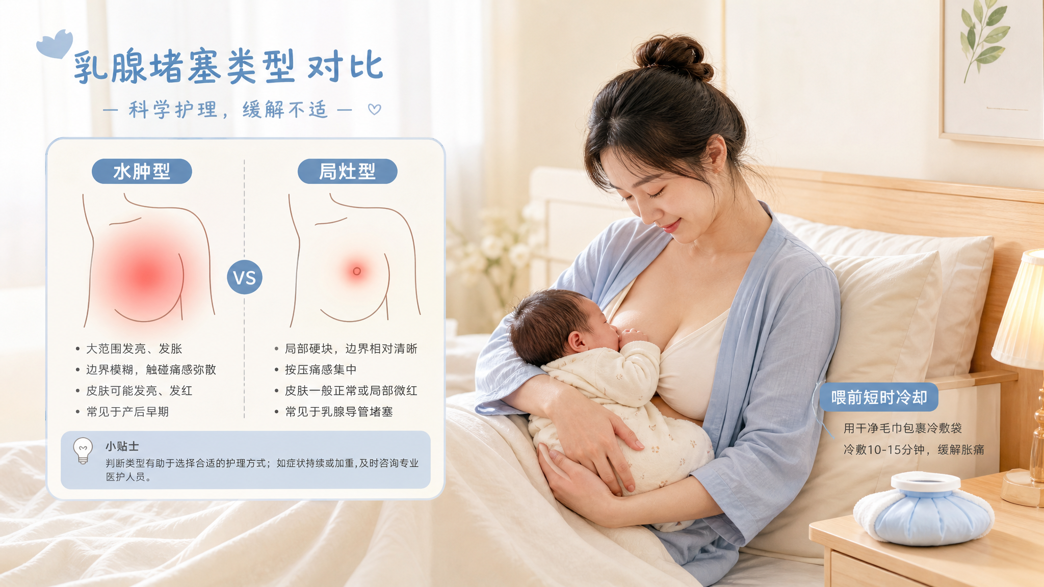 科普插画风格画面，温柔医疗科普视觉，中国年轻妈妈坐在卧室床边半靠抱着中国新生儿准备哺乳，旁边有一张简