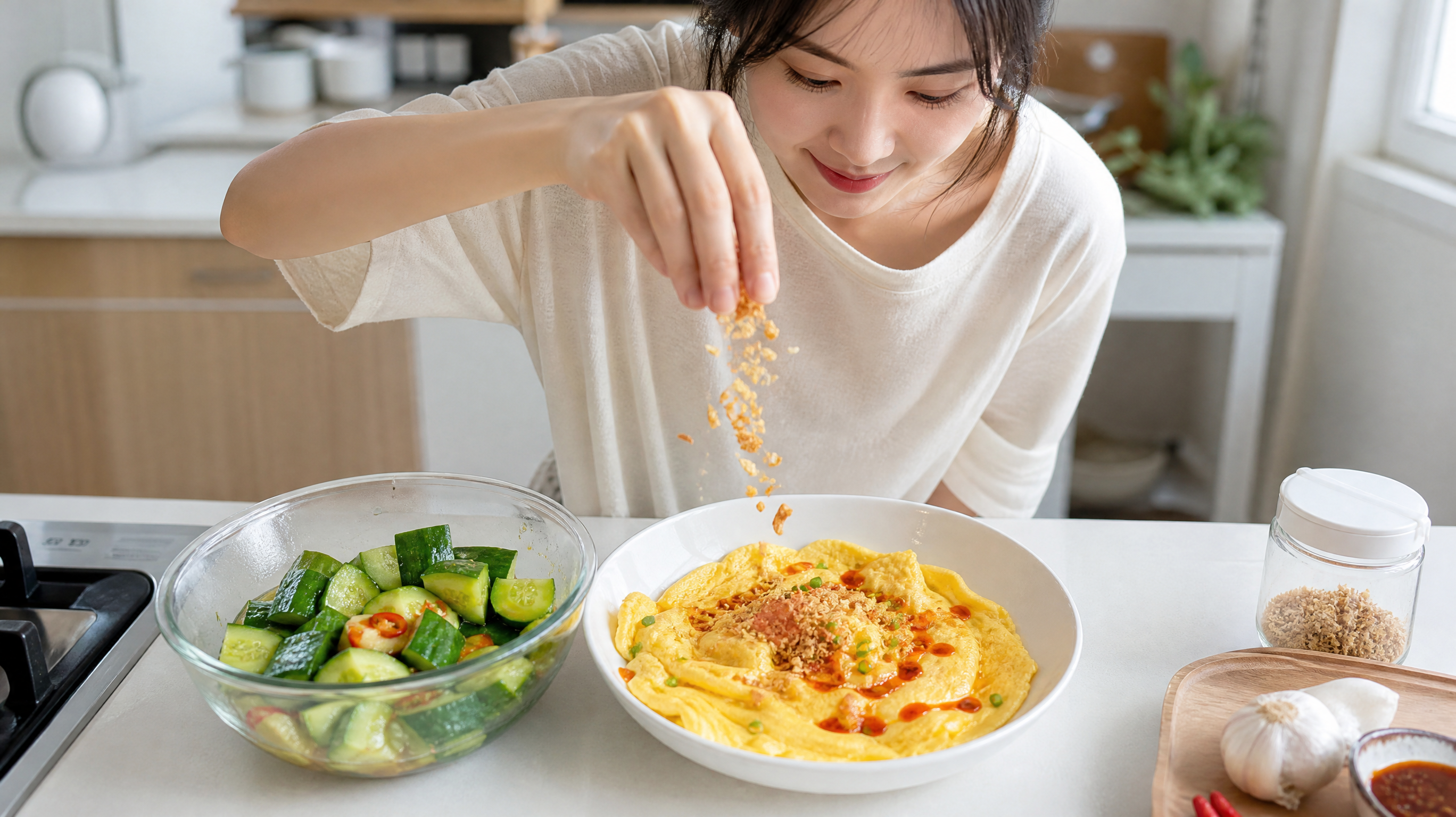 中国年轻女性下班后在家中小厨房料理台前，穿浅色居家T恤，正在将金黄蒜酥从手指间撒落到菜上，画面同时出
