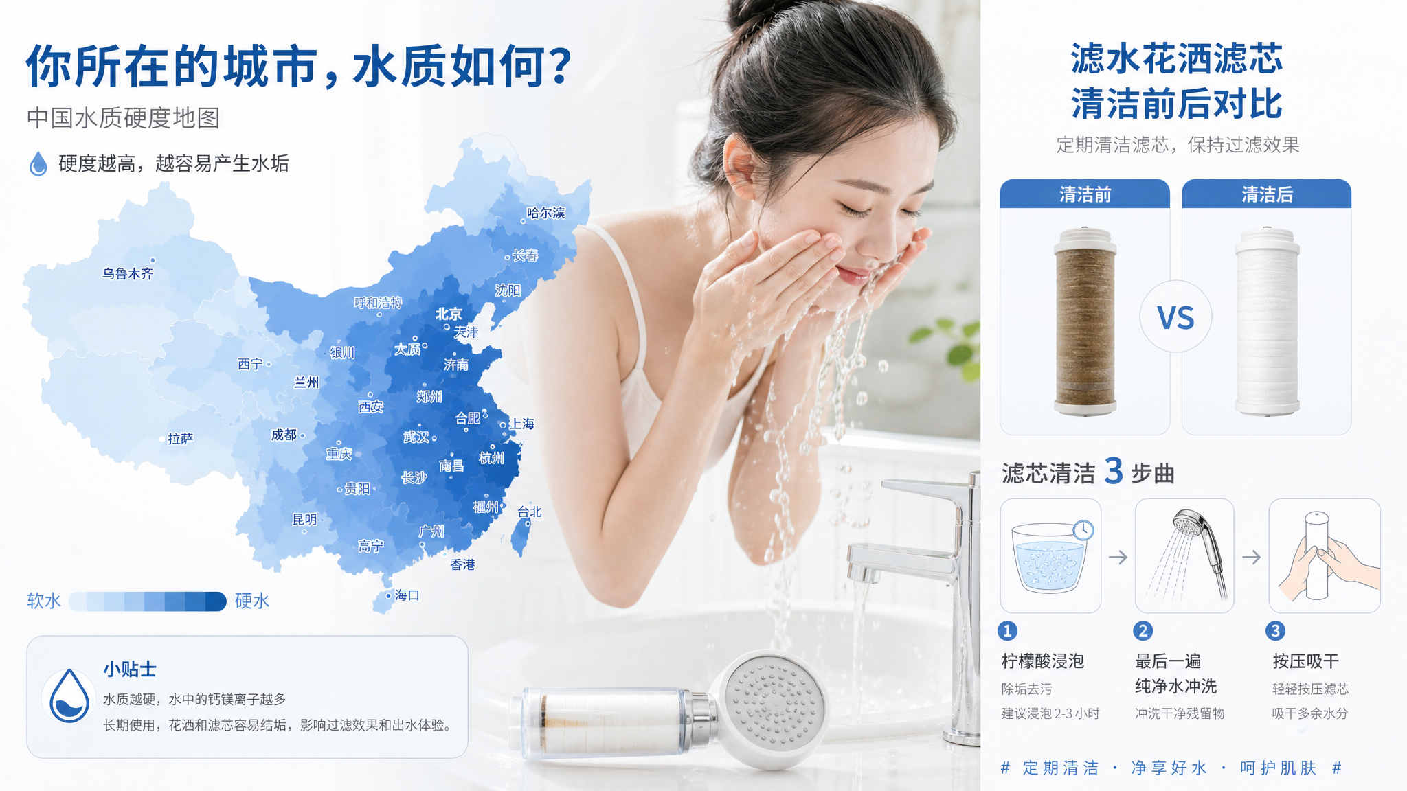 清新蓝白风信息图海报,画面分左右两栏:左侧为中国城市水质示意地图(用浅蓝到深蓝渐变表示软水到硬水),
