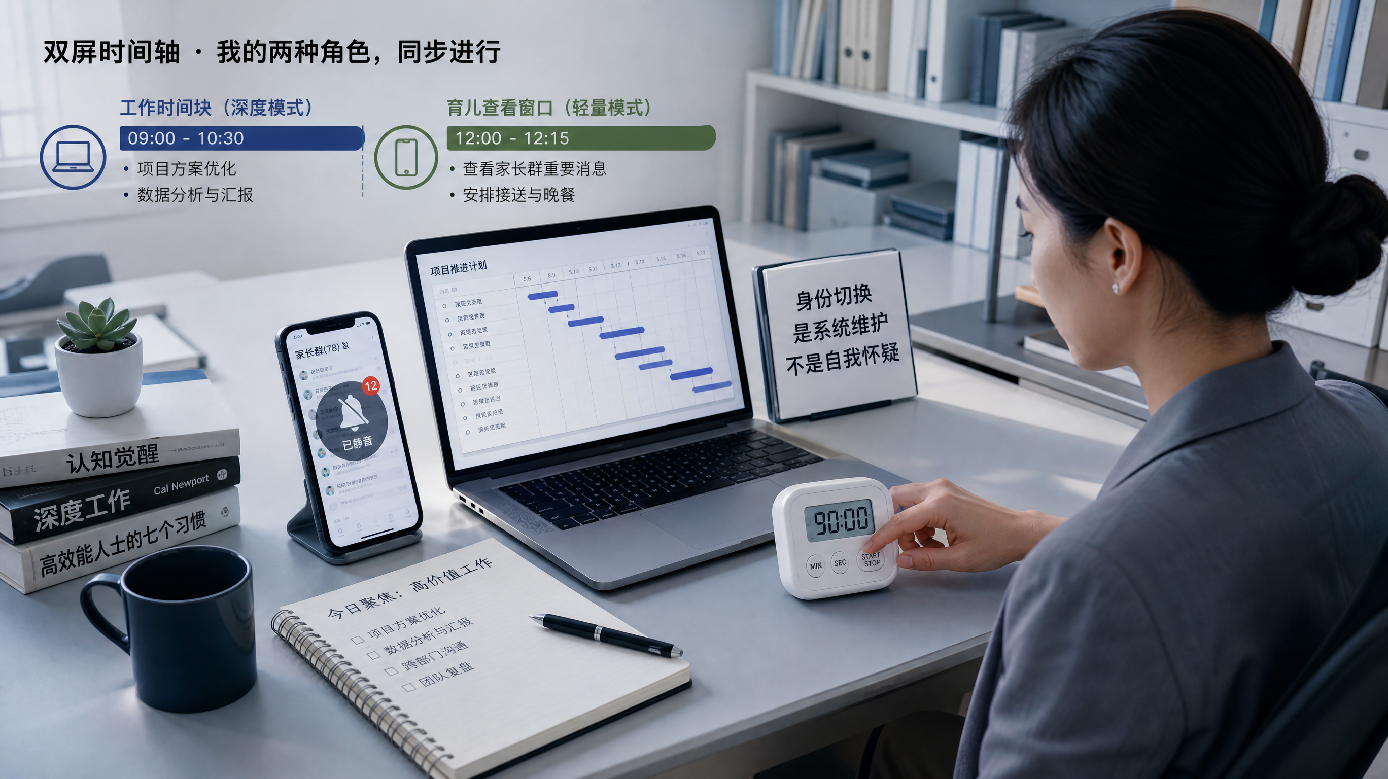 中国职场妈妈坐在简洁的办公桌前，桌上有笔记本电脑显示项目甘特图/待办清单，旁边手机屏幕显示家长群消息