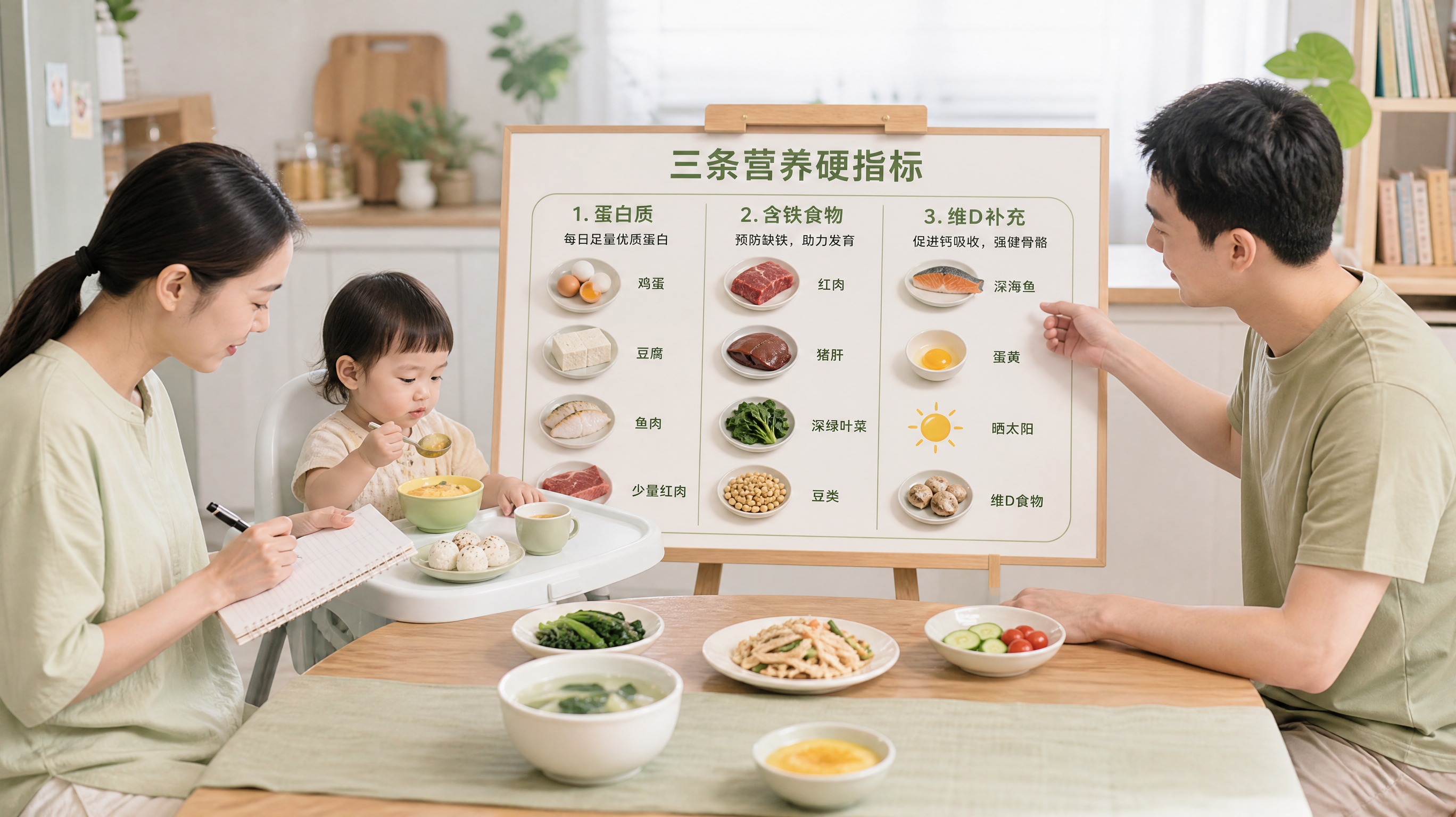 中国年轻父母在家中餐桌旁为1-3岁中国幼儿准备夏季清淡餐食的场景，妈妈在记录三日饮食清单，爸爸把鸡蛋