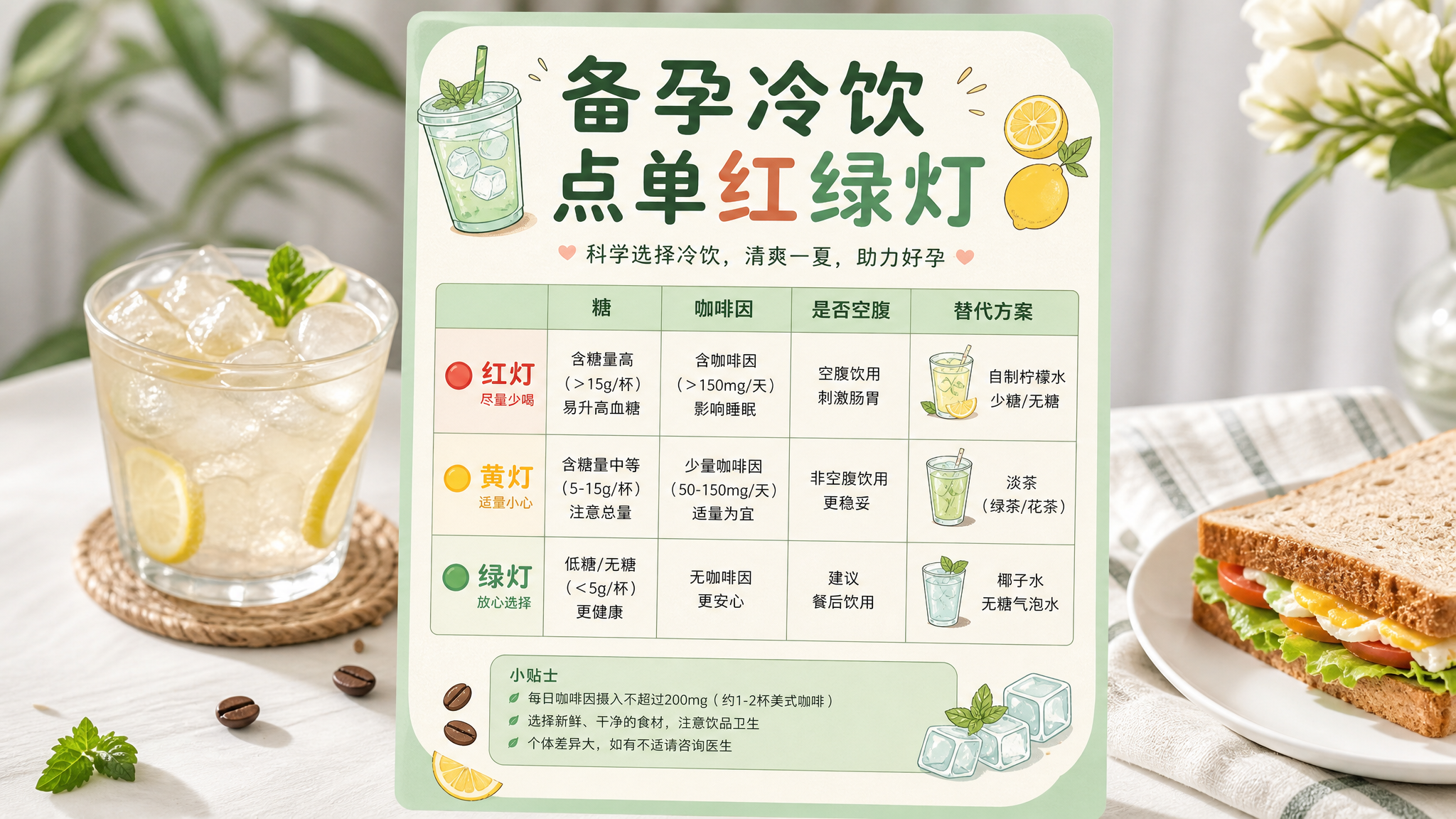 一张竖版信息图海报，主题为“备孕冷饮点单红绿灯”，薄荷绿与燕麦白配色，简洁清爽排版；画面中心是一张表