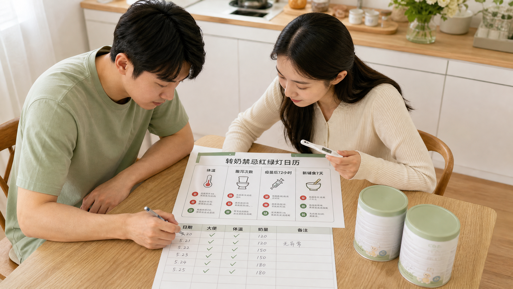 中国年轻妈妈与中国年轻爸爸在家中餐桌旁共同查看“转奶禁忌红绿灯日历”纸质表格,表格包含体温、腹泻次数