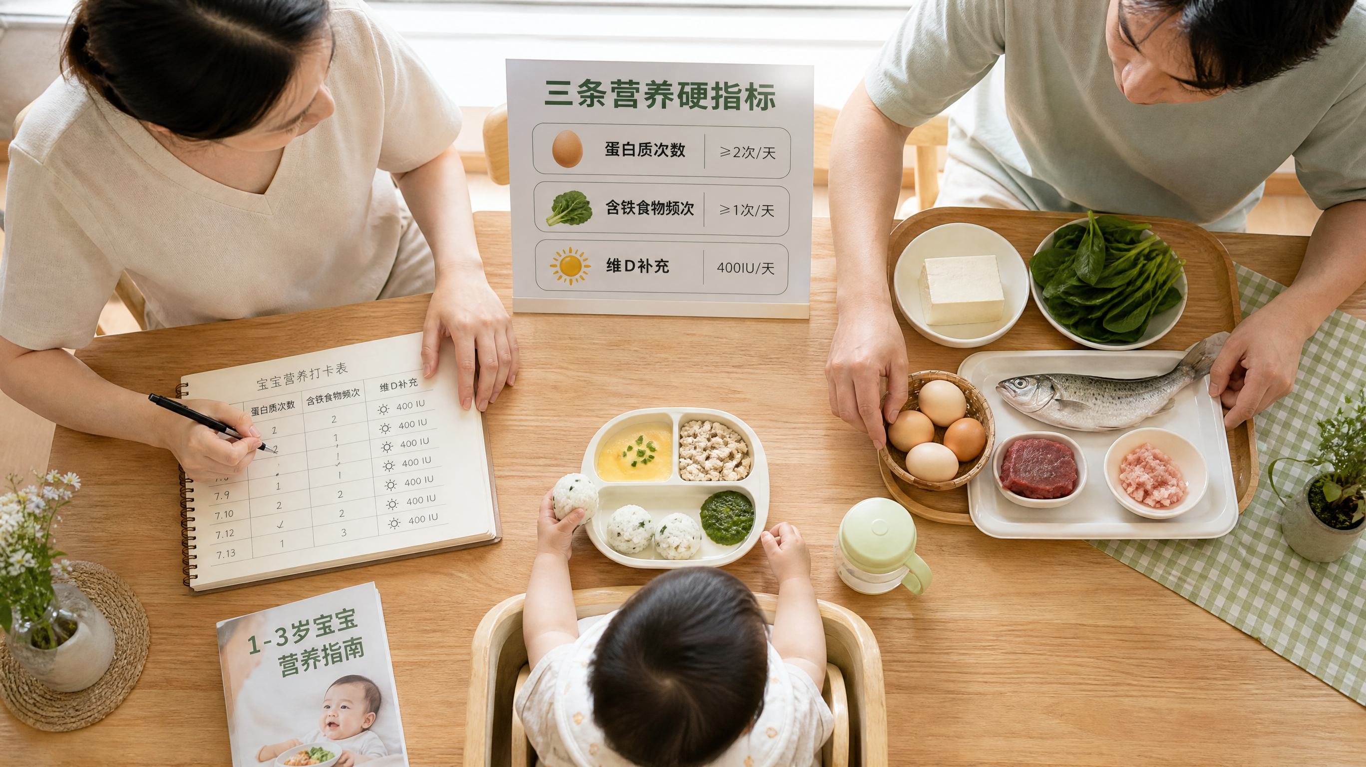 中国年轻父母在家中餐桌旁为中国1-3岁幼儿准备夏季清淡高营养餐，妈妈在记录“蛋白质次数/含铁食物频次