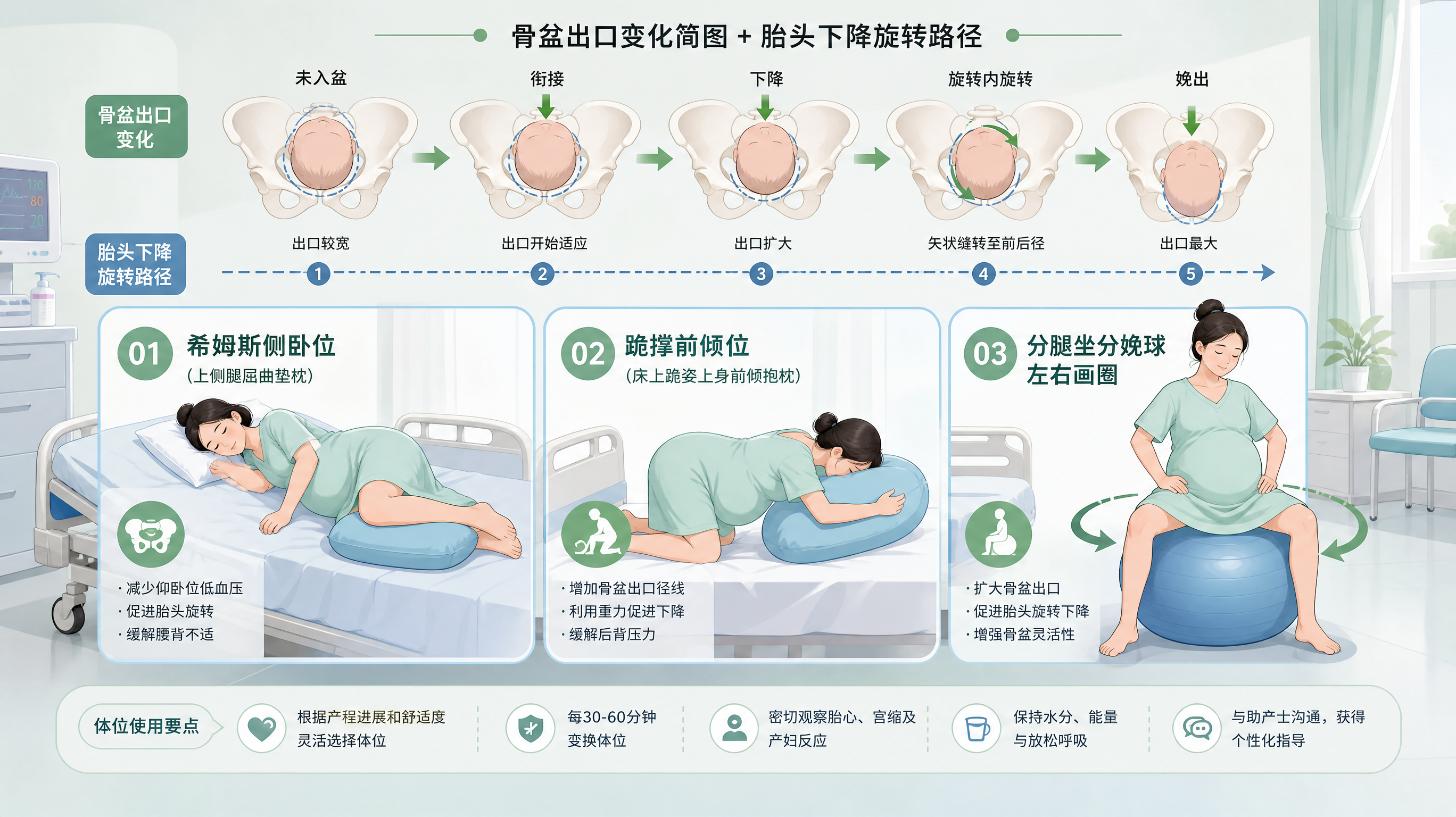 产房场景插画信息图，中国孕产妇在第一产程的床边与分娩球旁示范三种姿势：希姆斯侧卧（侧卧上腿屈曲垫枕）