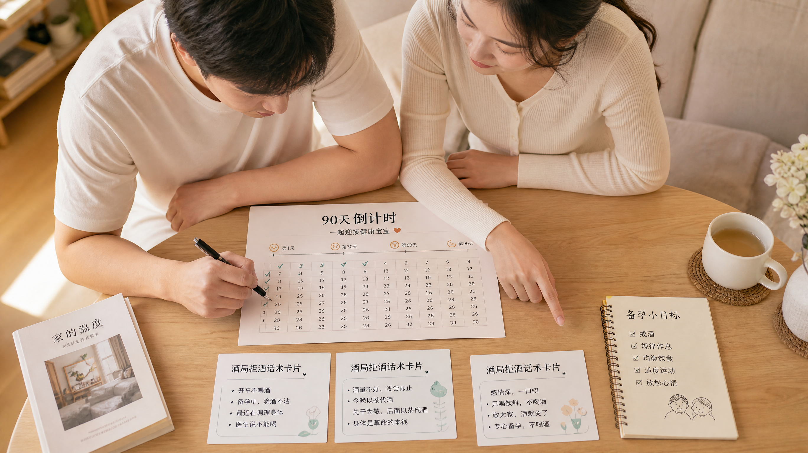 中国年轻夫妻在家中餐桌旁做备孕计划,桌上摊开“90天倒计时”日历和几张“酒局拒酒话术卡片”,男方拿笔