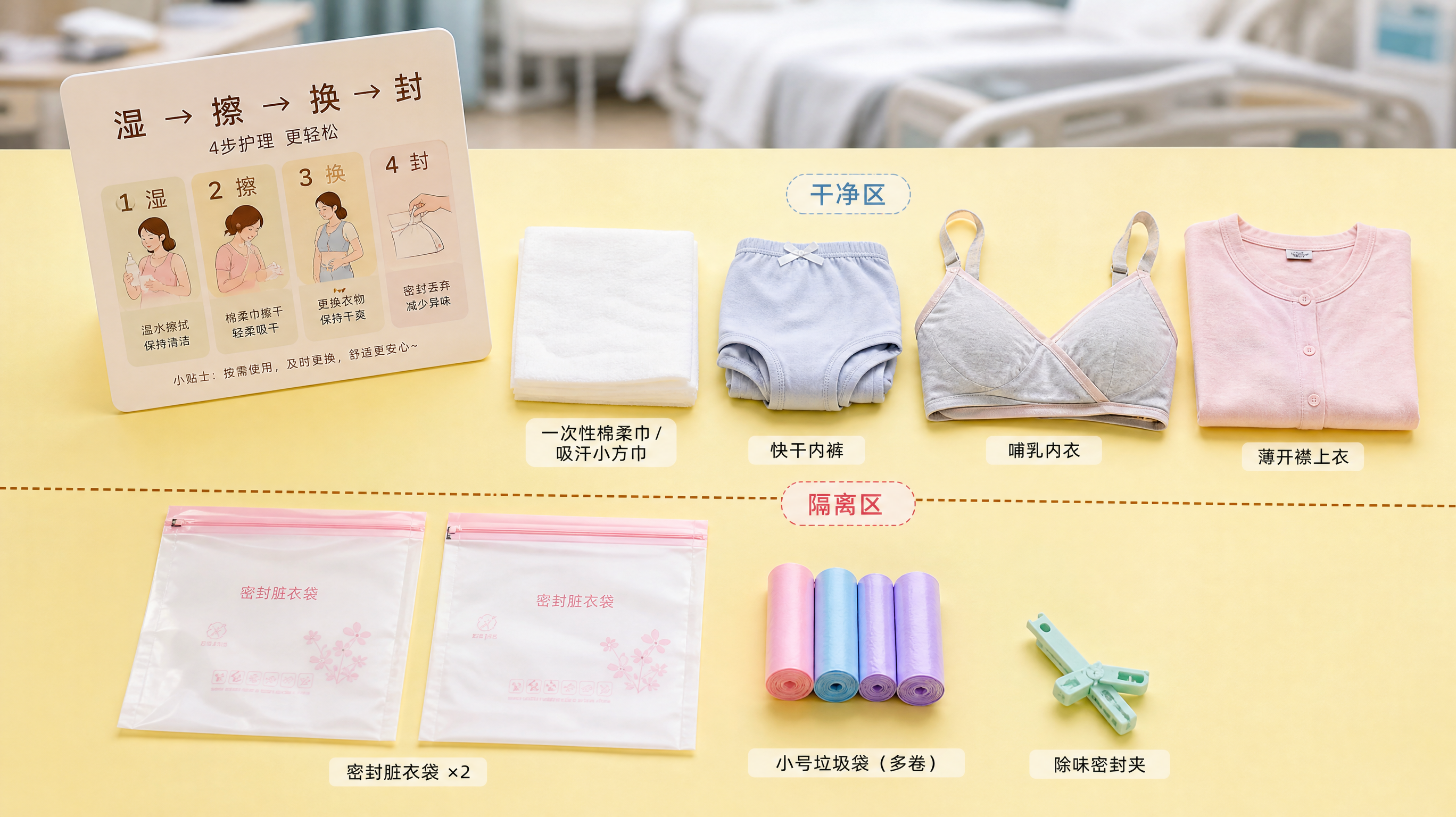 平铺构图的流程卡与物品清单，中国医院病房背景虚化，画面主体为一张“湿→擦→换→封”流程卡与5件套小物