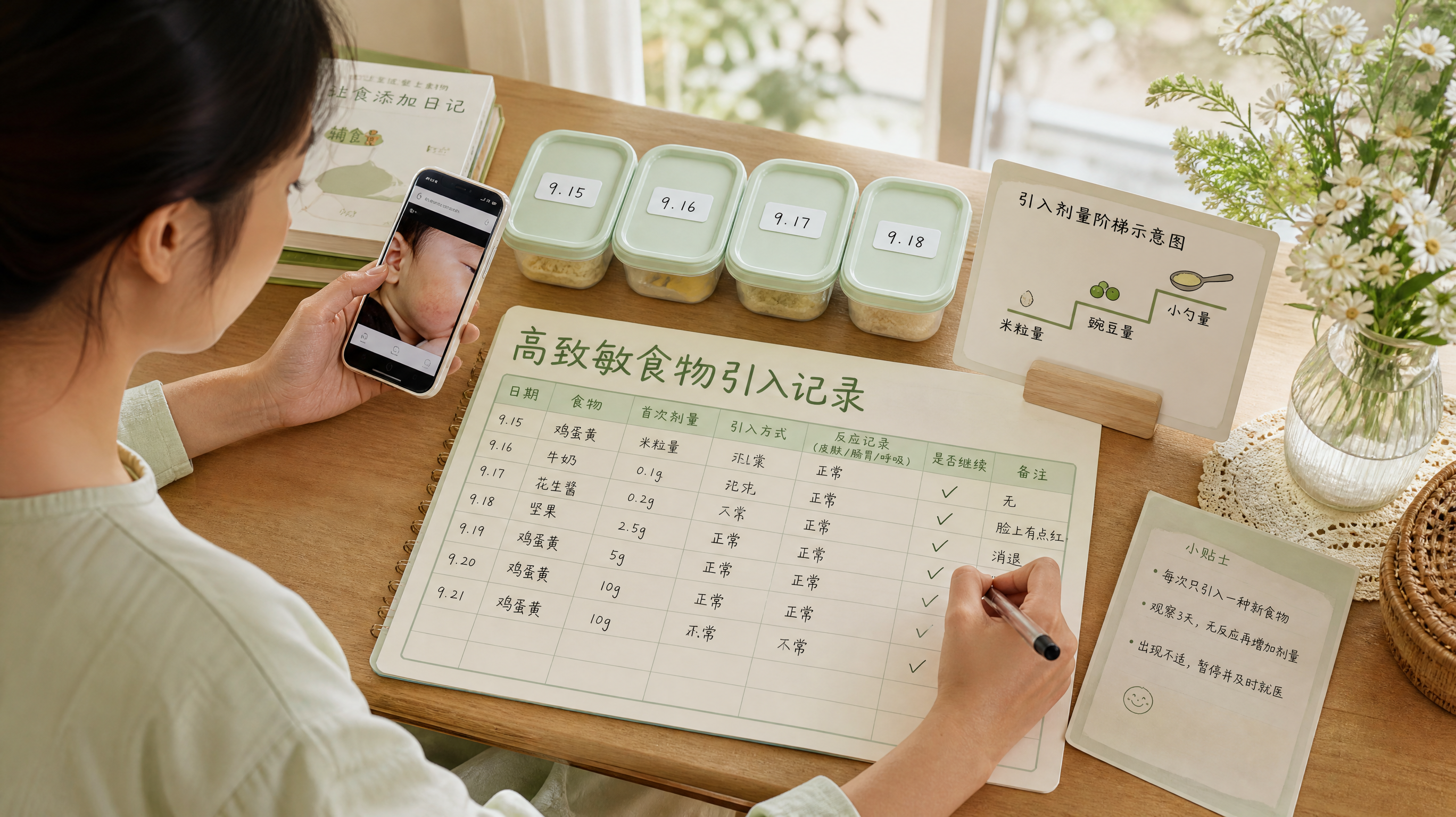 中国年轻妈妈在家中餐桌旁，用手账风Excel记录模板记录婴儿高致敏食物引入情况，桌上有分装小盒贴着日