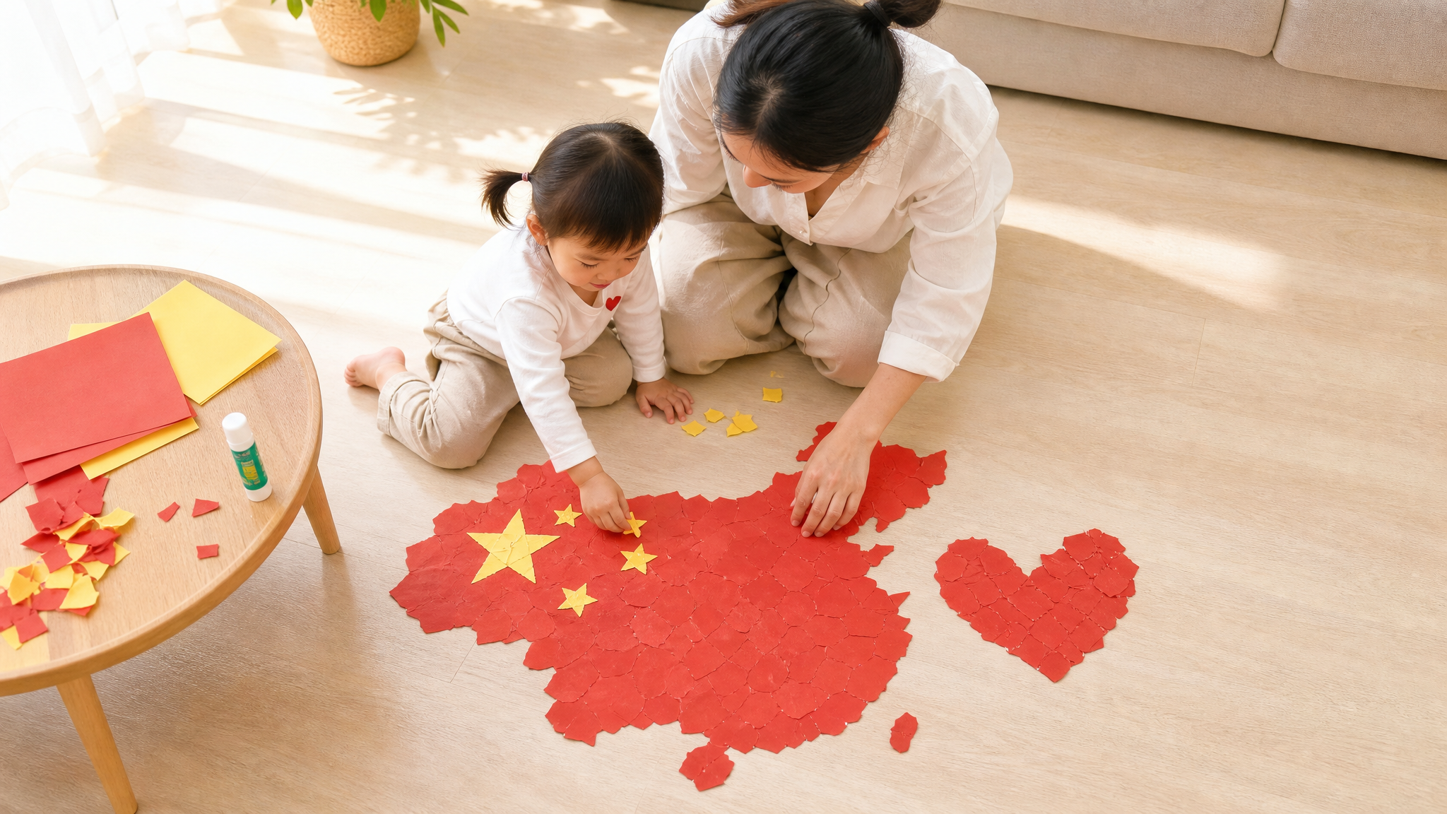 别拦孩子撕纸：红黄拼贴做国庆空间启蒙