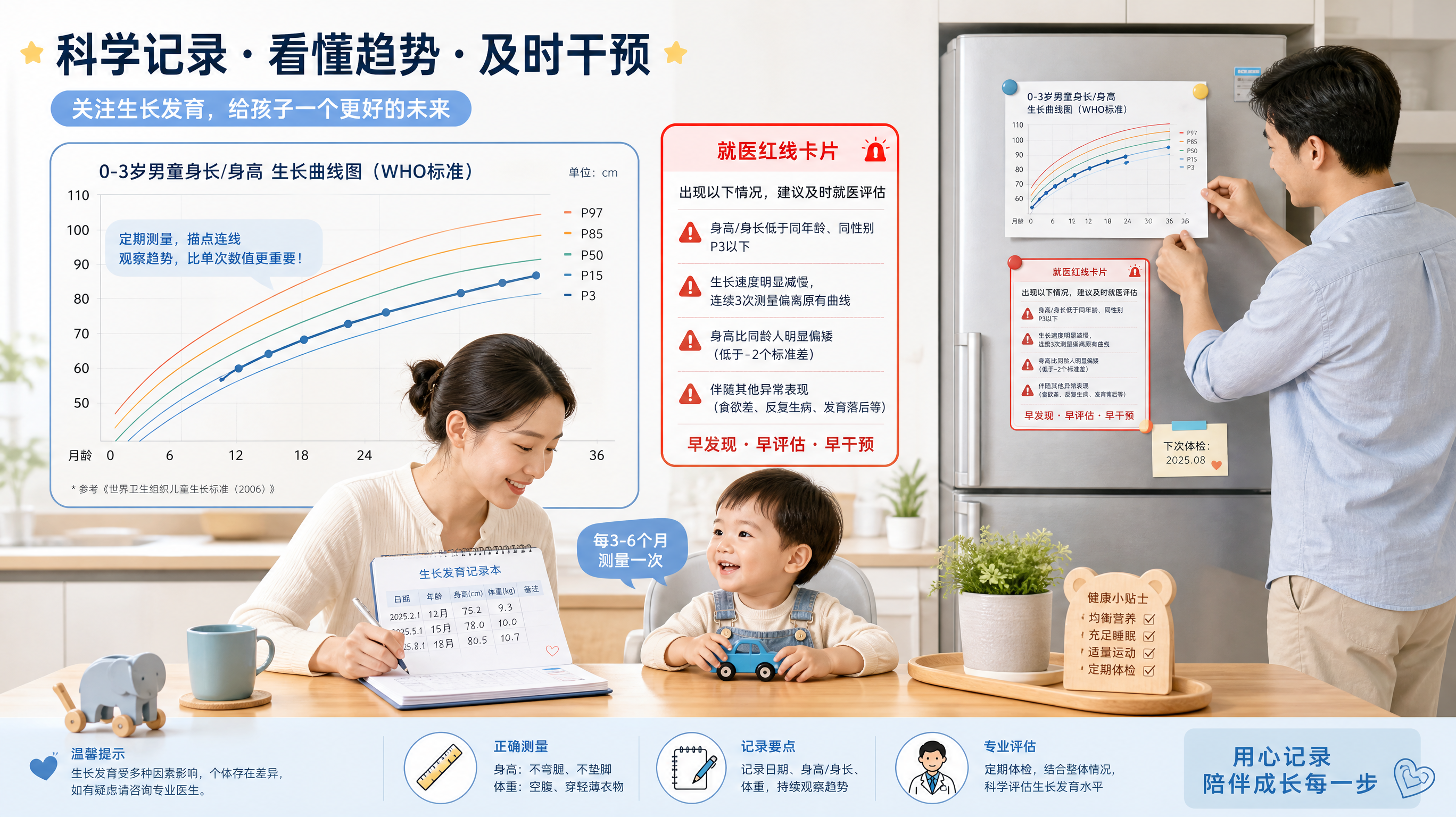 信息图风格画面，在明亮干净的家庭餐桌旁，中国年轻父母（爸爸妈妈）与一位1-3岁中国幼儿同框，妈妈在记