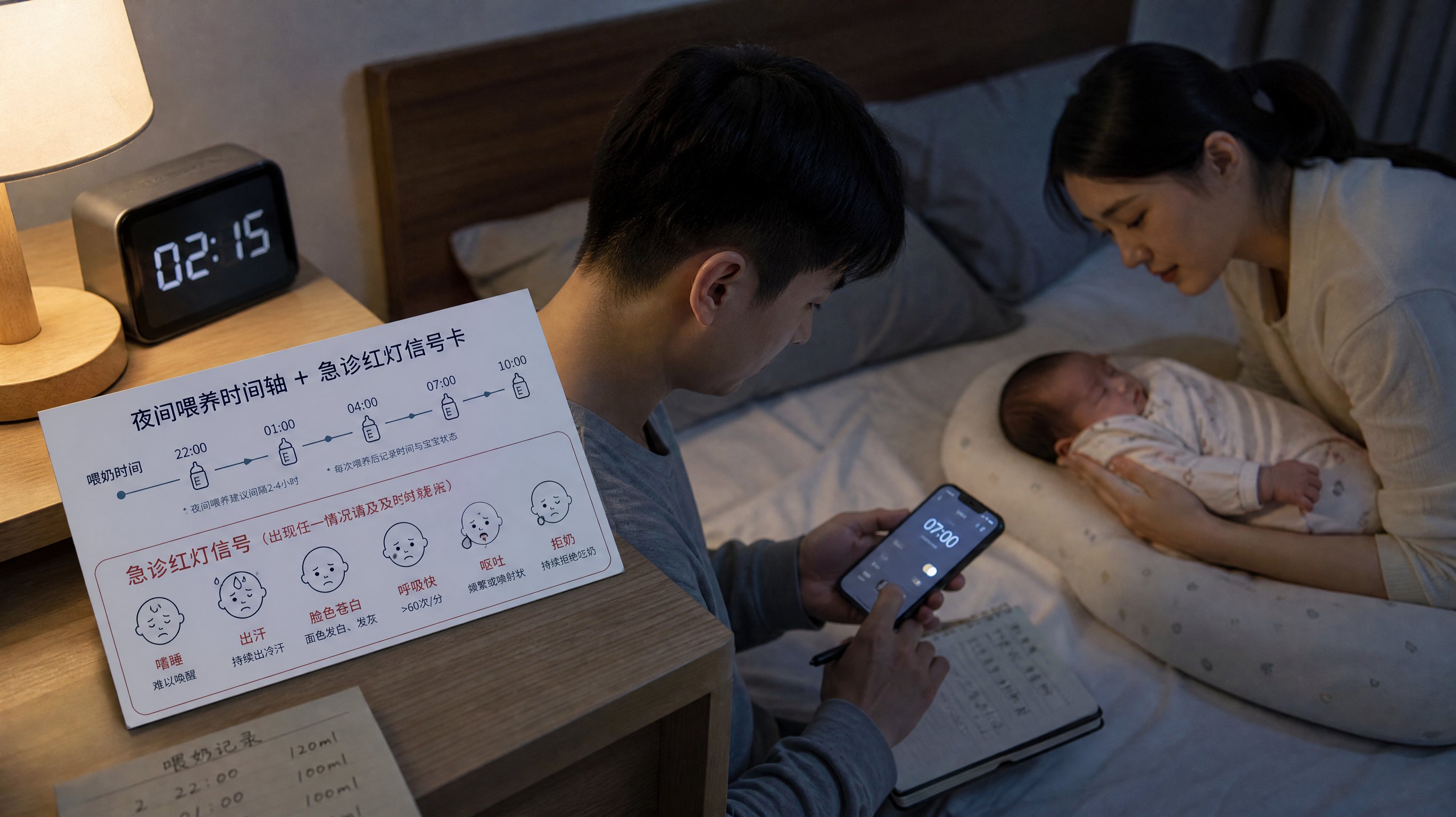 中国年轻父母在深秋夜晚的卧室里照看新生儿，爸爸低头设置手机闹钟并记录喂养时间，妈妈在床边轻扶婴儿准备
