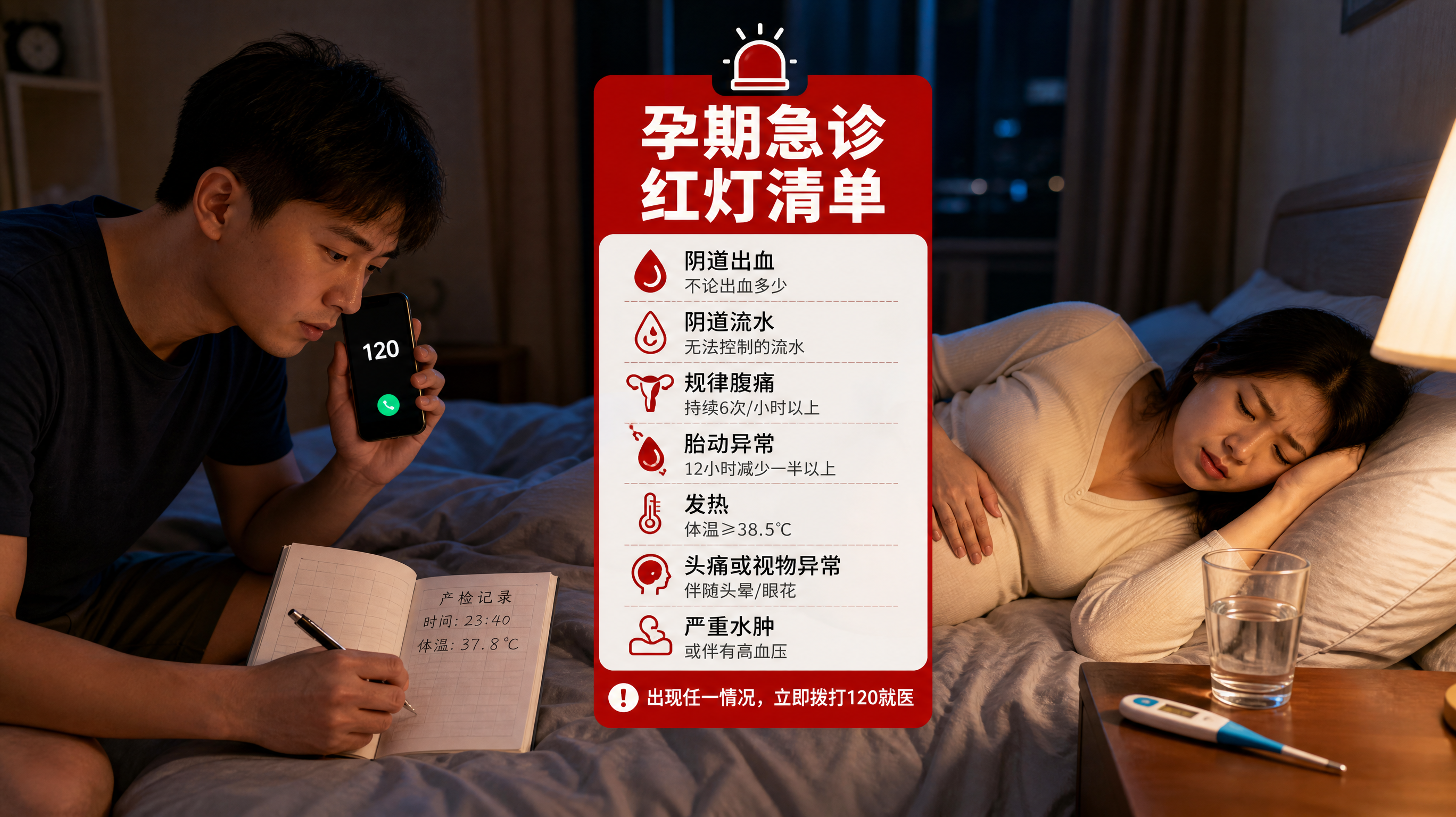 中国家庭夜间卧室场景，一位中国年轻准爸爸拿着手机准备拨打120，另一只手拿着产检本与笔，在床边记录时