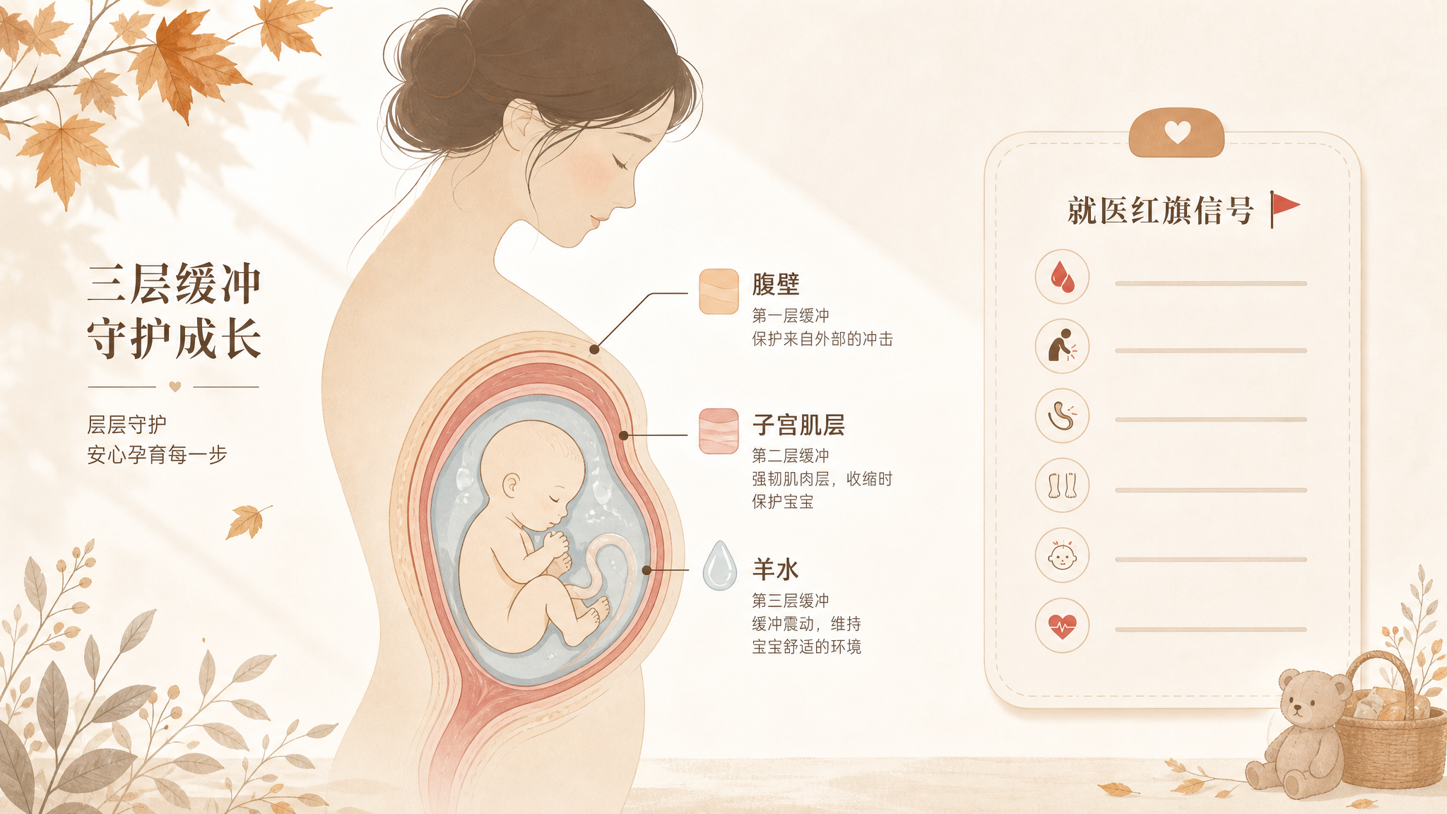 米色秋日插画风的科普配图，画面为简洁手绘剖面示意图：展示“腹壁-子宫肌层-羊水”三层缓冲结构包裹胎儿