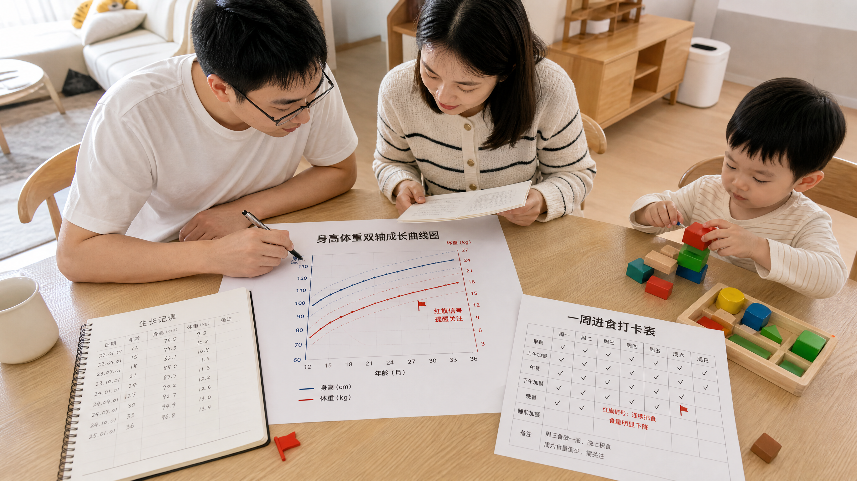 中国年轻父母在家中餐桌旁整理孩子的生长记录与饮食记录，桌面上有一张“身高体重双轴成长曲线图”与“一周