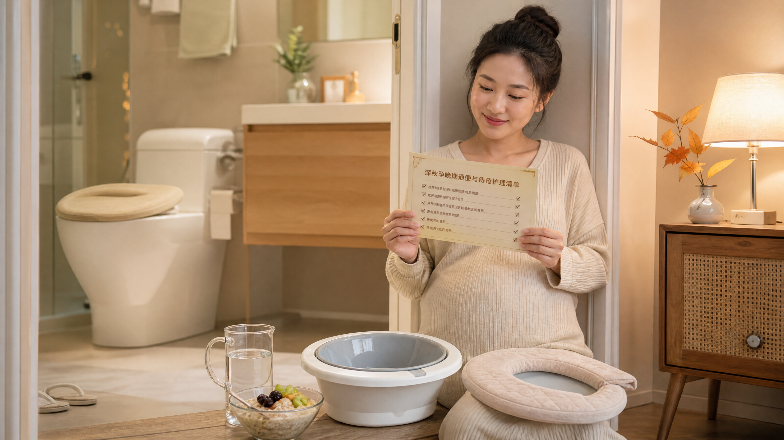 中国孕晚期孕妇在家中卫生间门口旁的温暖场景，孕妇穿舒适居家服，手拿一张“深秋孕晚期通便与痔疮护理清单