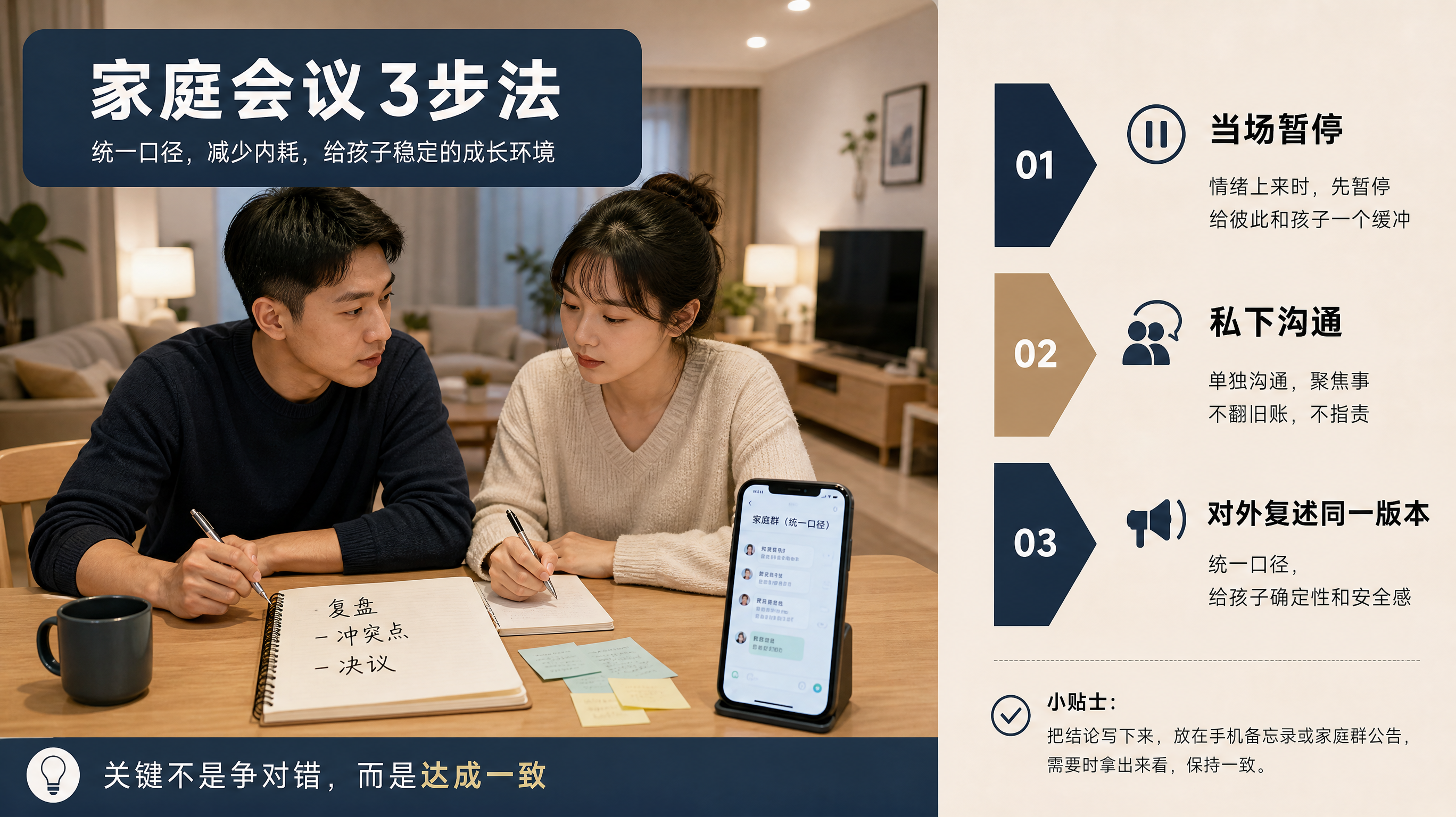 中国年轻夫妻在家庭客厅的餐桌旁进行简短家庭会议，桌面放着笔记本/便签纸写着“复盘-冲突点-决议”，旁