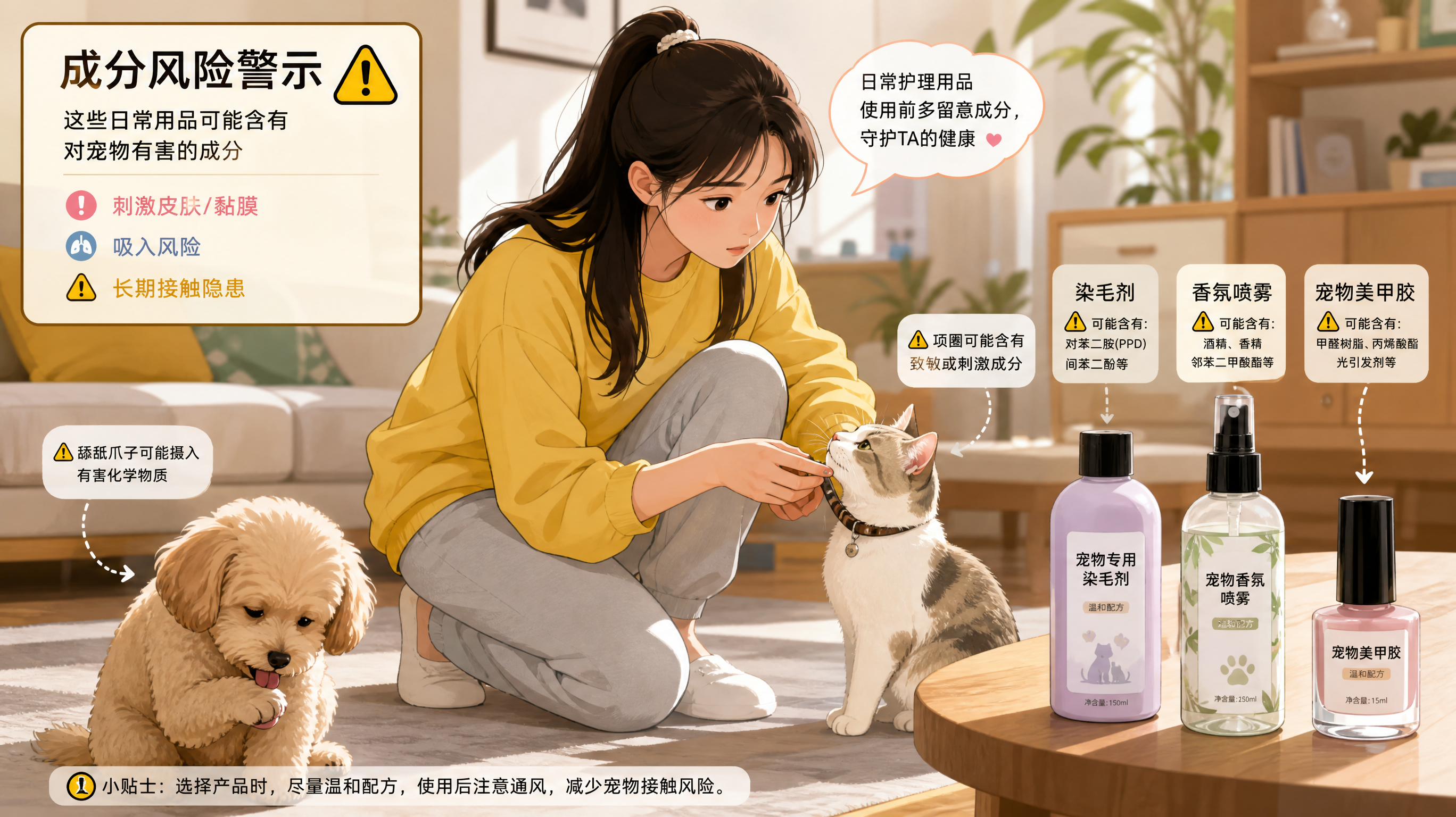 中国年轻宠物主人在家中明亮客厅里，蹲下查看一只小型犬的爪子和一只家猫的项圈，狗狗正在舔爪子、猫咪抬头