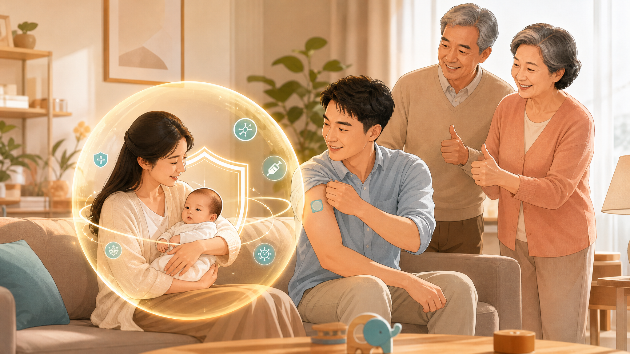 温暖家庭客厅场景，中国年轻妈妈抱着2个月中国新生儿坐在沙发上，旁边中国年轻爸爸卷起袖子展示刚接种完的