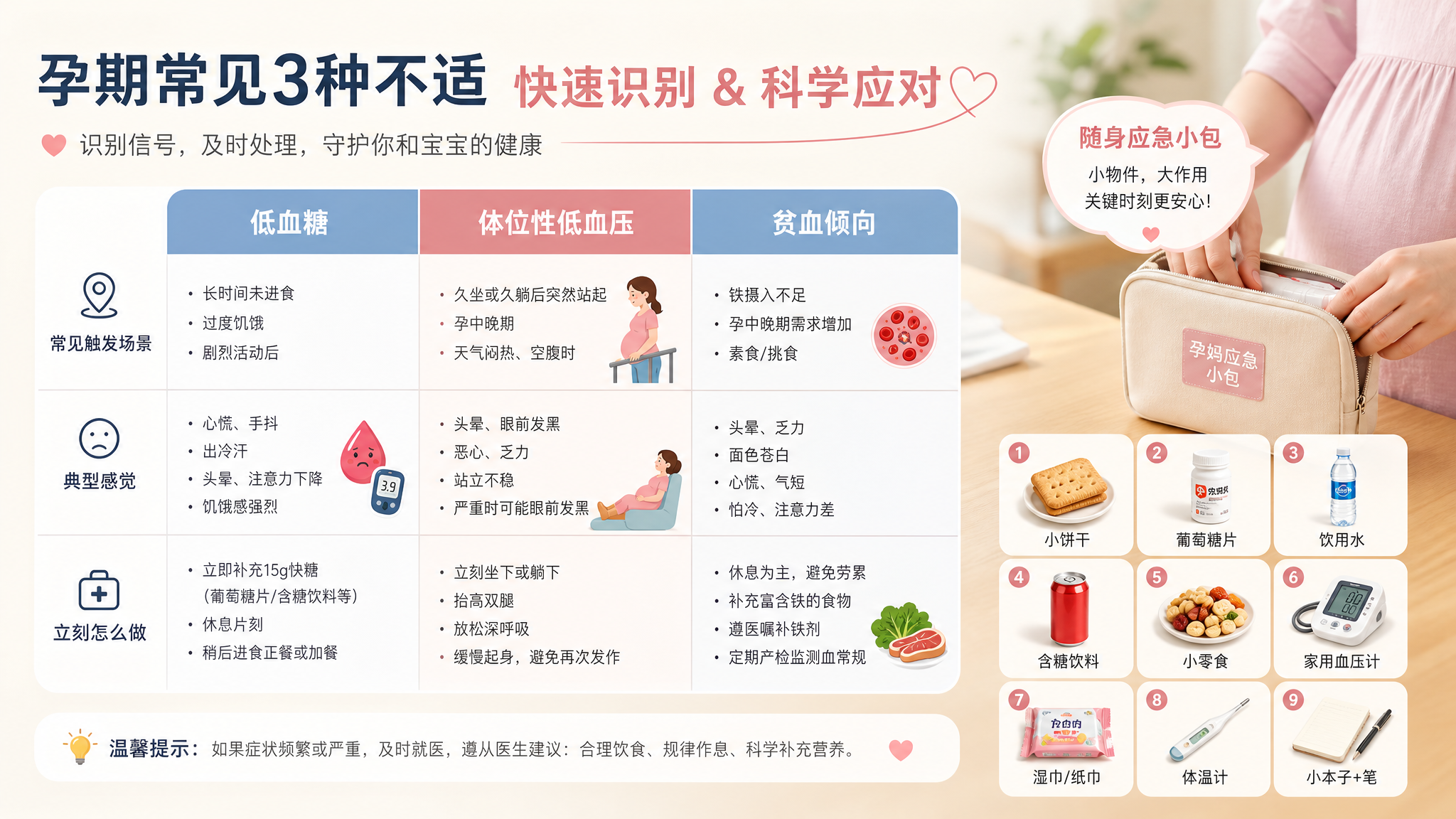 信息图海报风格，画面为干净的三列对比表格：低血糖、直立性低血压、贫血倾向；每列包含“常见触发场景、典