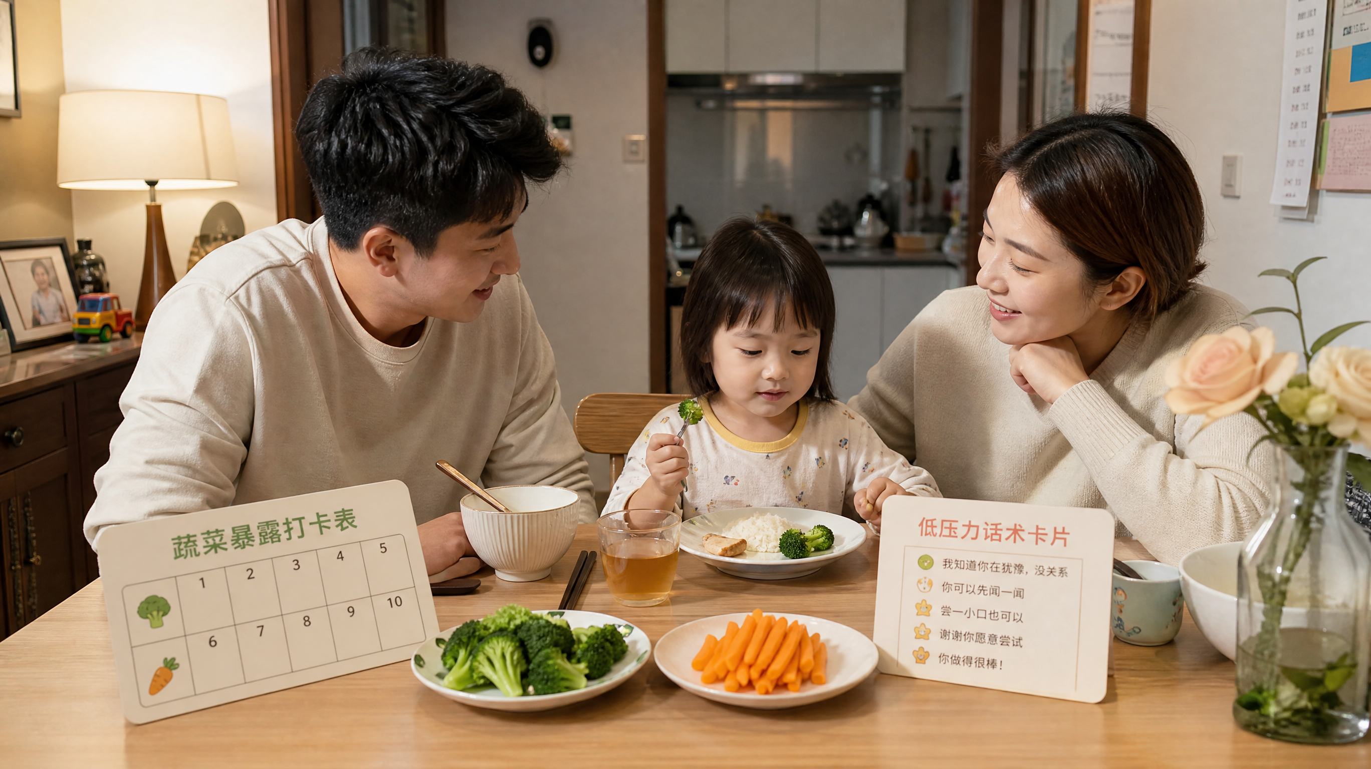 中国年轻父母与一名3-6岁中国幼儿在家中餐桌旁吃晚餐，桌上有两种蔬菜小份量摆盘（如西兰花和胡萝卜条）