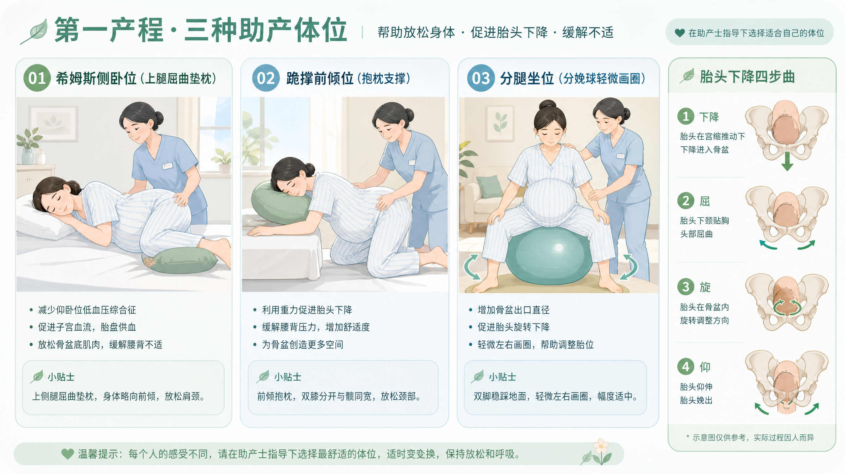 在医院产房的安静场景中，一位中国孕产妇（穿着产房病号服）在助产士指导下分别演示三种第一产程待产姿势：希姆