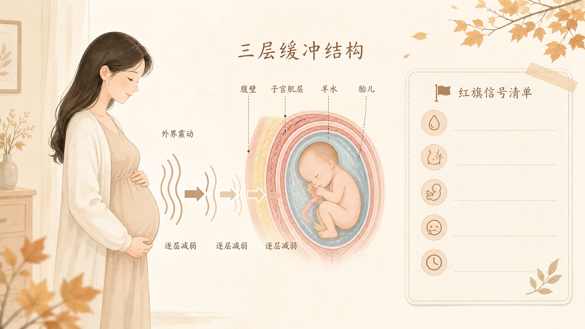 干净的秋日米色插画风，手绘医学科普插画，一位中国孕妈侧身站立轻捂腹部，表情平静，画面旁边以剖面示意图