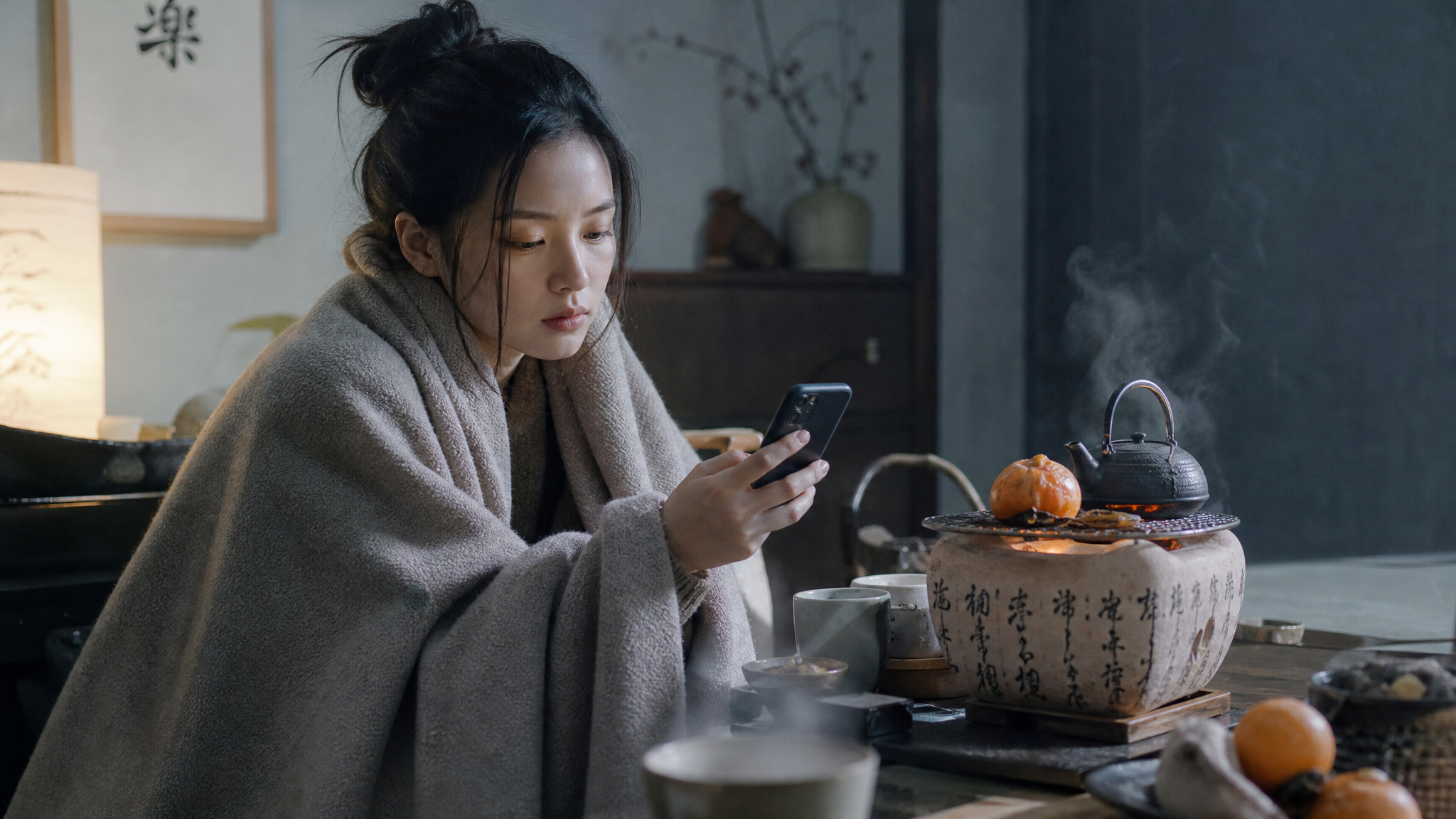 日系冷调氛围的室内围炉煮茶场景，中国年轻女性独自坐在矮桌旁，身披低饱和米灰色毛毯，桌上有小炭炉与茶壶