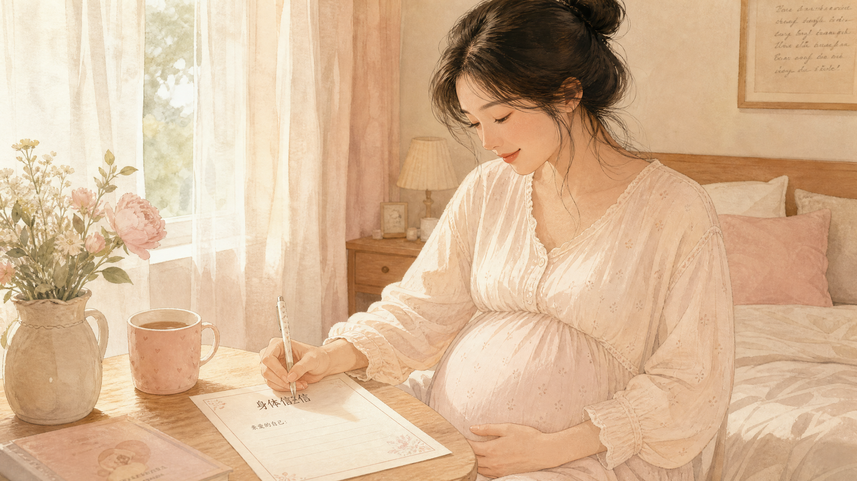温柔治愈插画风，一位中国孕晚期女性坐在卧室床边或飘窗旁，穿宽松家居服，手放在肚子上，另一只手在写信，